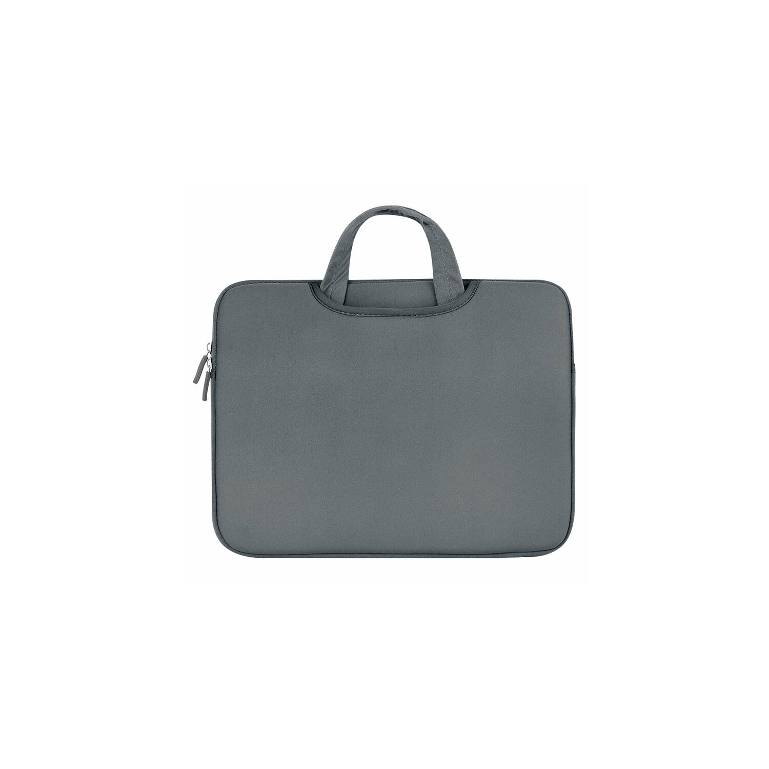 Graue Laptoptasche mit Griff, Reißverschluss und glatter Oberfläche.