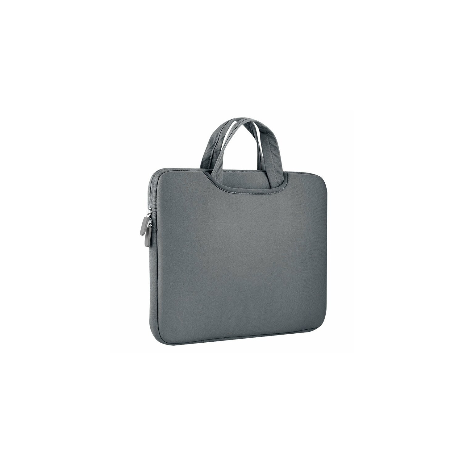 Eine graue Laptoptasche mit Griffen. Die Tasche hat einen Reißverschluss. Sie ist auf weißem Hintergrund isoliert.