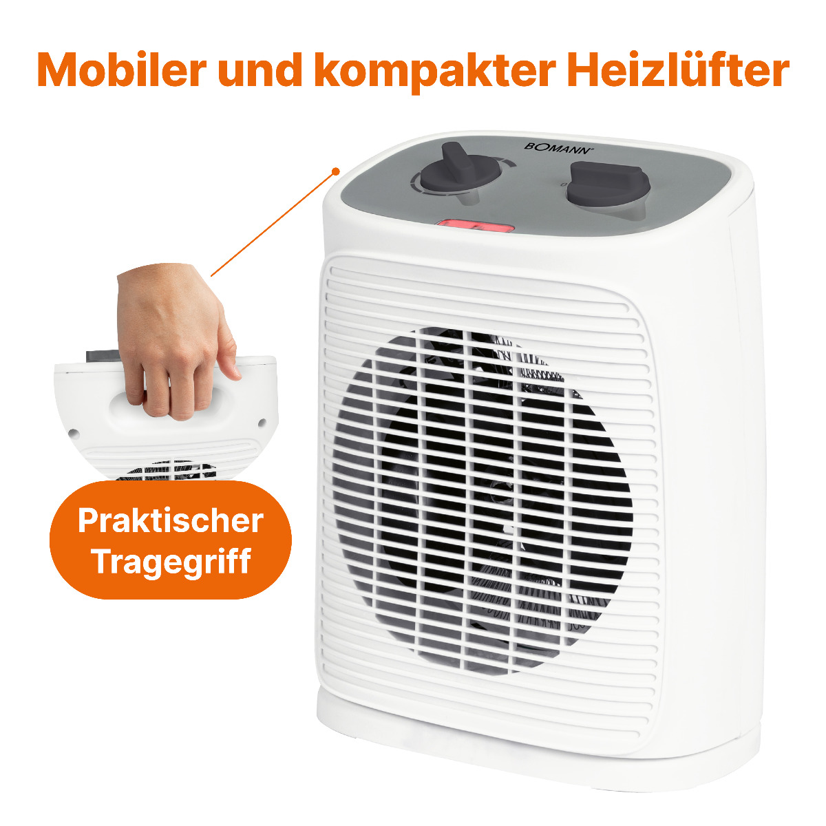 Biały grzejnik z uchwytem. Ręka trzyma uchwyt. Teksty w języku niemieckim.