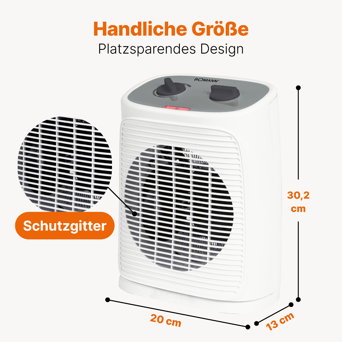 Biały grzejnik z wymiarami. Grzejnik ma kratkę i czarne elementy sterujące na białym tle.