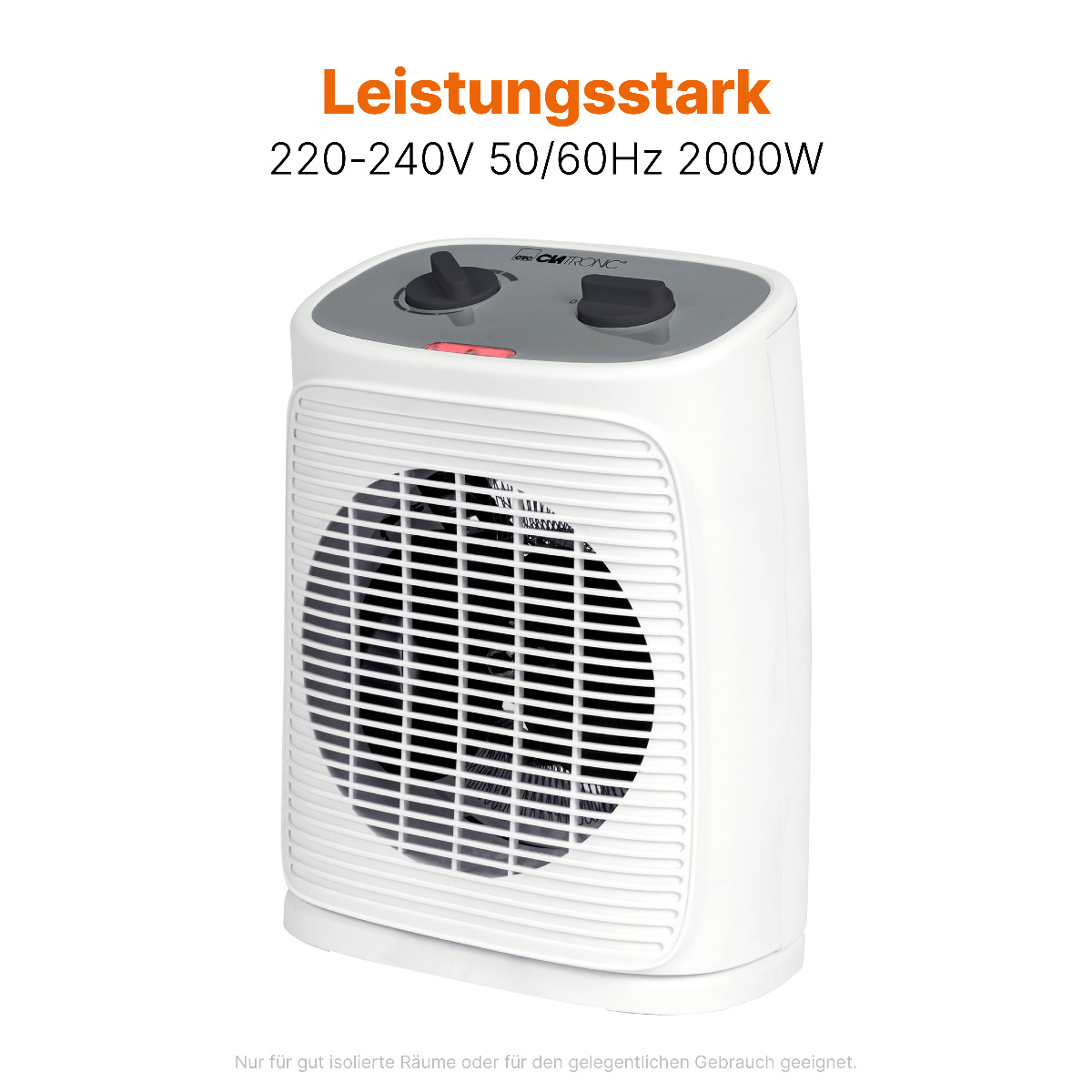 Biały grzejnik elektryczny z dwoma czarnymi pokrętłami. Tekst: 'Leistungsstark 220-240V 50/60Hz 2000W'.