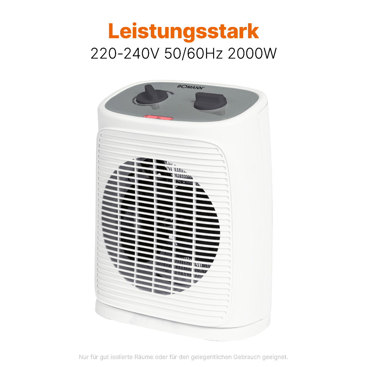 Biały grzejnik wentylatorowy z pokrętłami i tekstem.