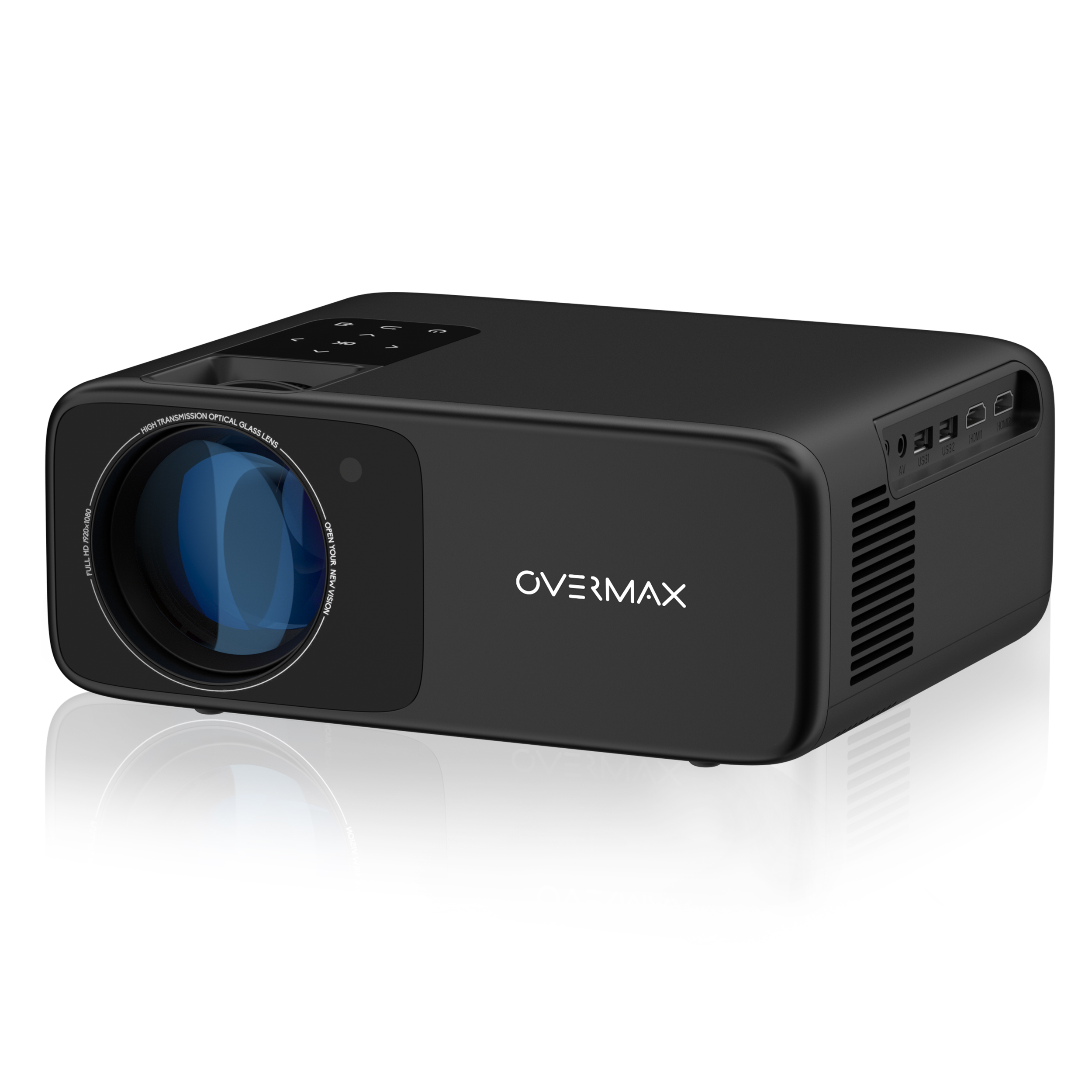 Schwarzer Projektor mit Linse. Es hat den Markennamen 'OVERMAX'.