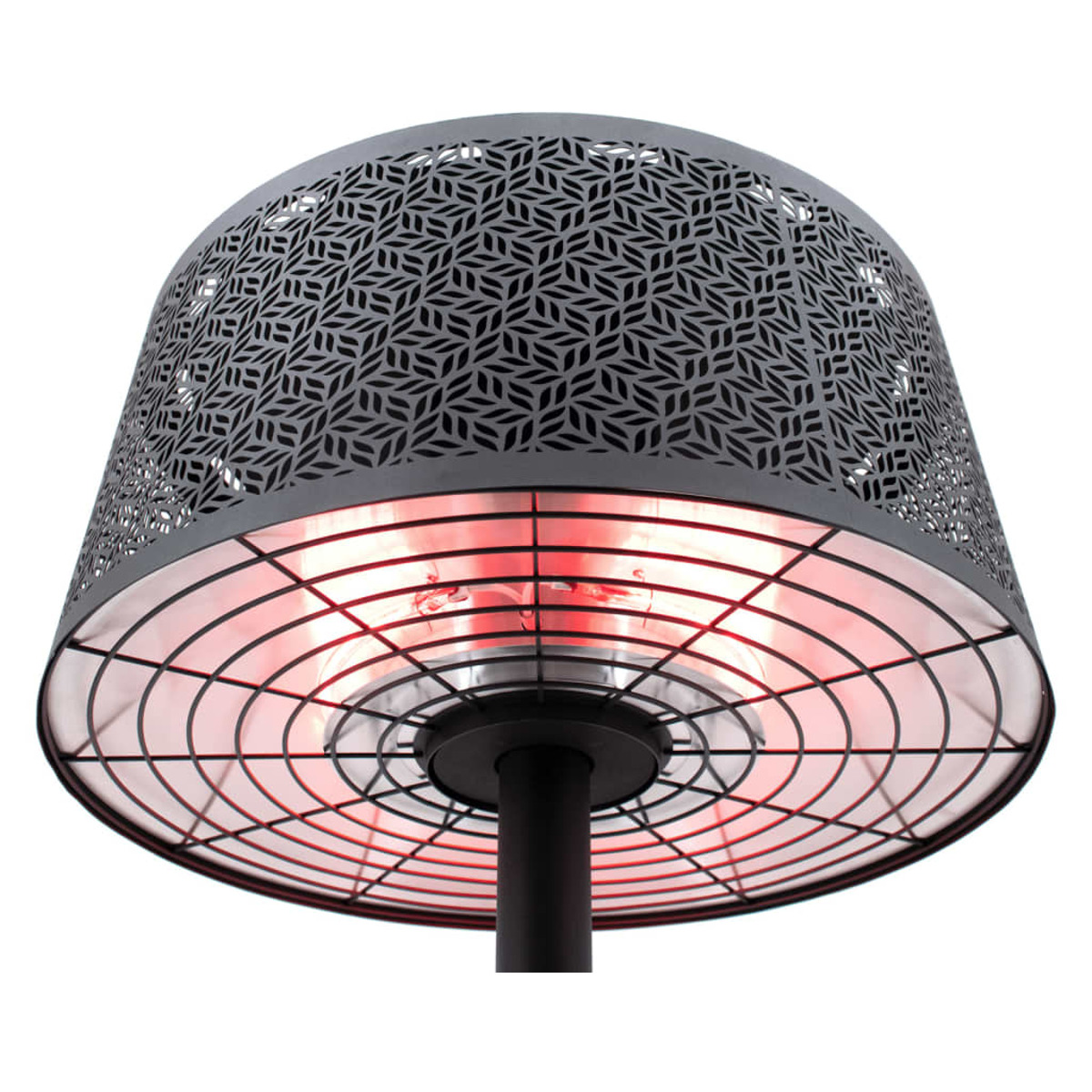Outdoor patio heater. Black, patterned top with red glow. Black post. White background.