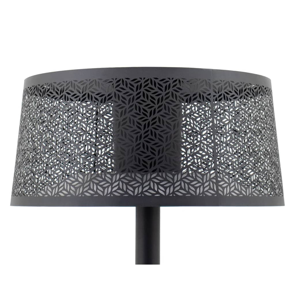 Black lamp shade with a leaf-patterned design.