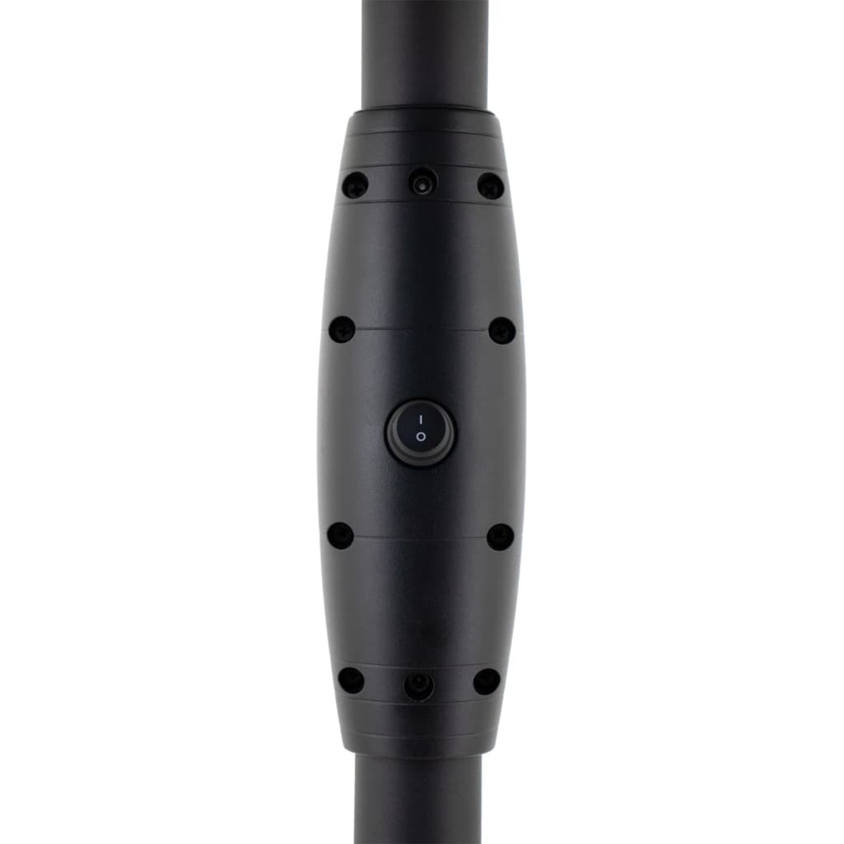 Close-up of black pole section with a button. The pole has a cylindrical design and a single, round button.