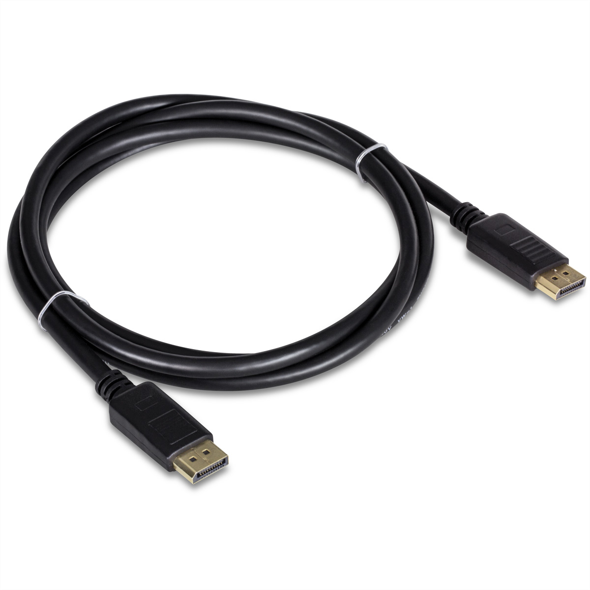 Câble noir avec connecteurs à chaque extrémité. Câble enroulé sur fond blanc.