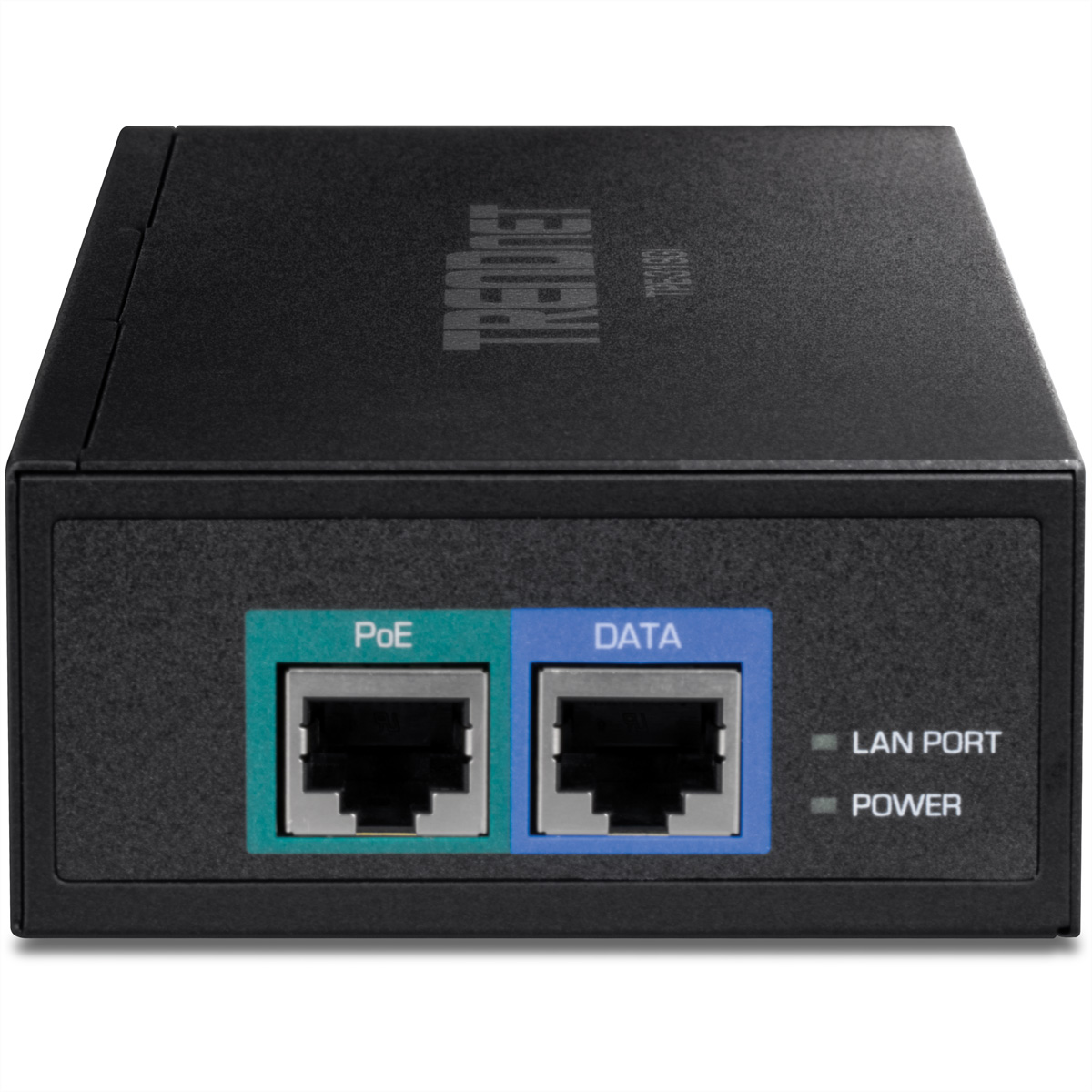 Appareil réseau noir avec ports. Il a des ports PoE et DATA. Étiquettes LAN PORT et POWER.