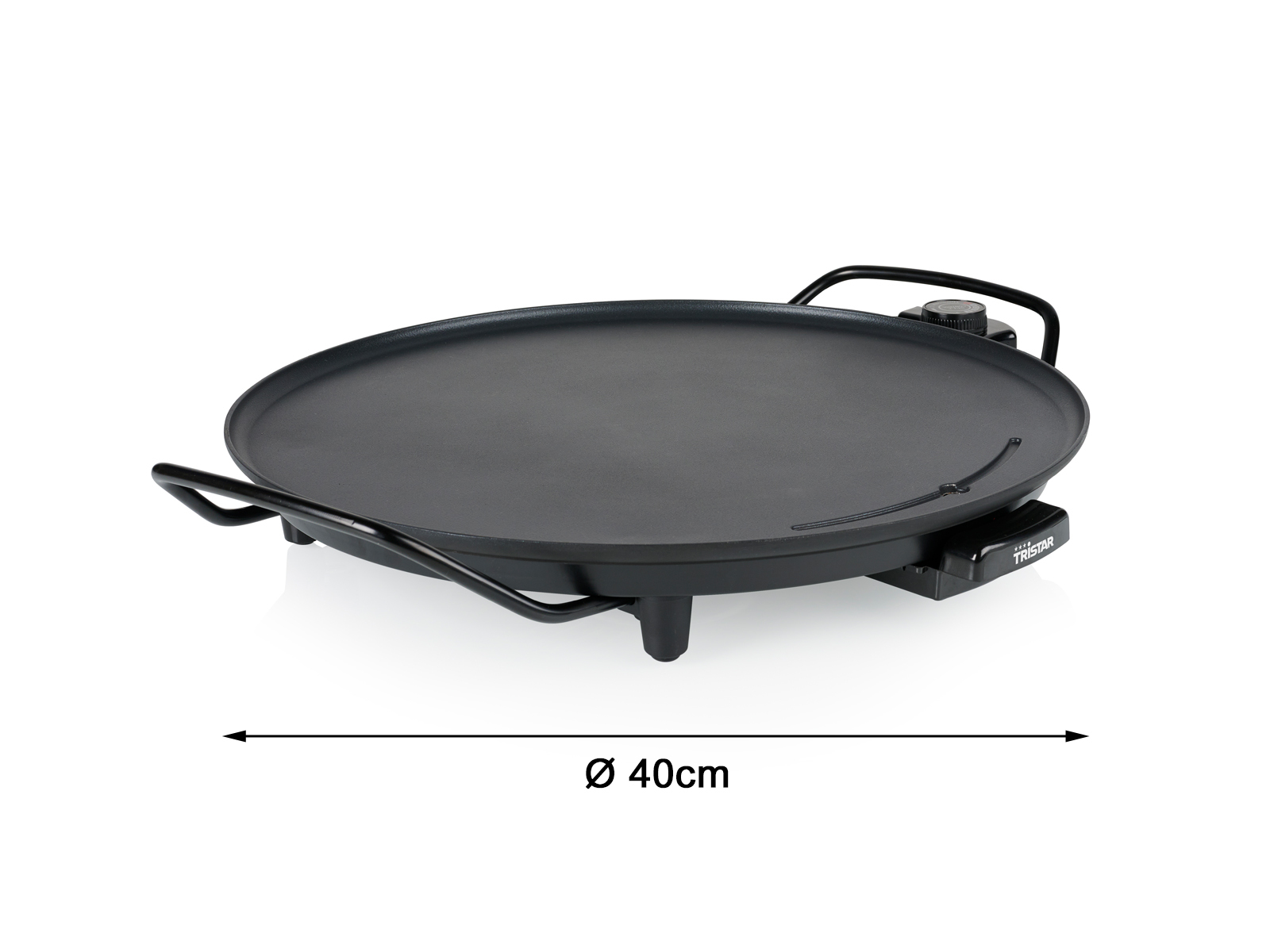 Czarna elektryczna płyta grillowa z uchwytami i pokrętłem regulacji temperatury. Średnica 40cm.