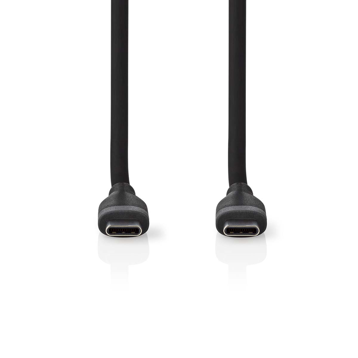 Zwei schwarze USB-C-Kabel mit Anschlüssen auf weißem Hintergrund.