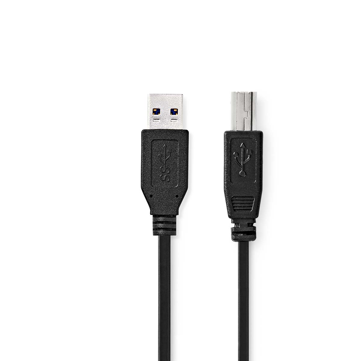 Two black USB cables, male connectors, on a white background. Close-up, studio shot.