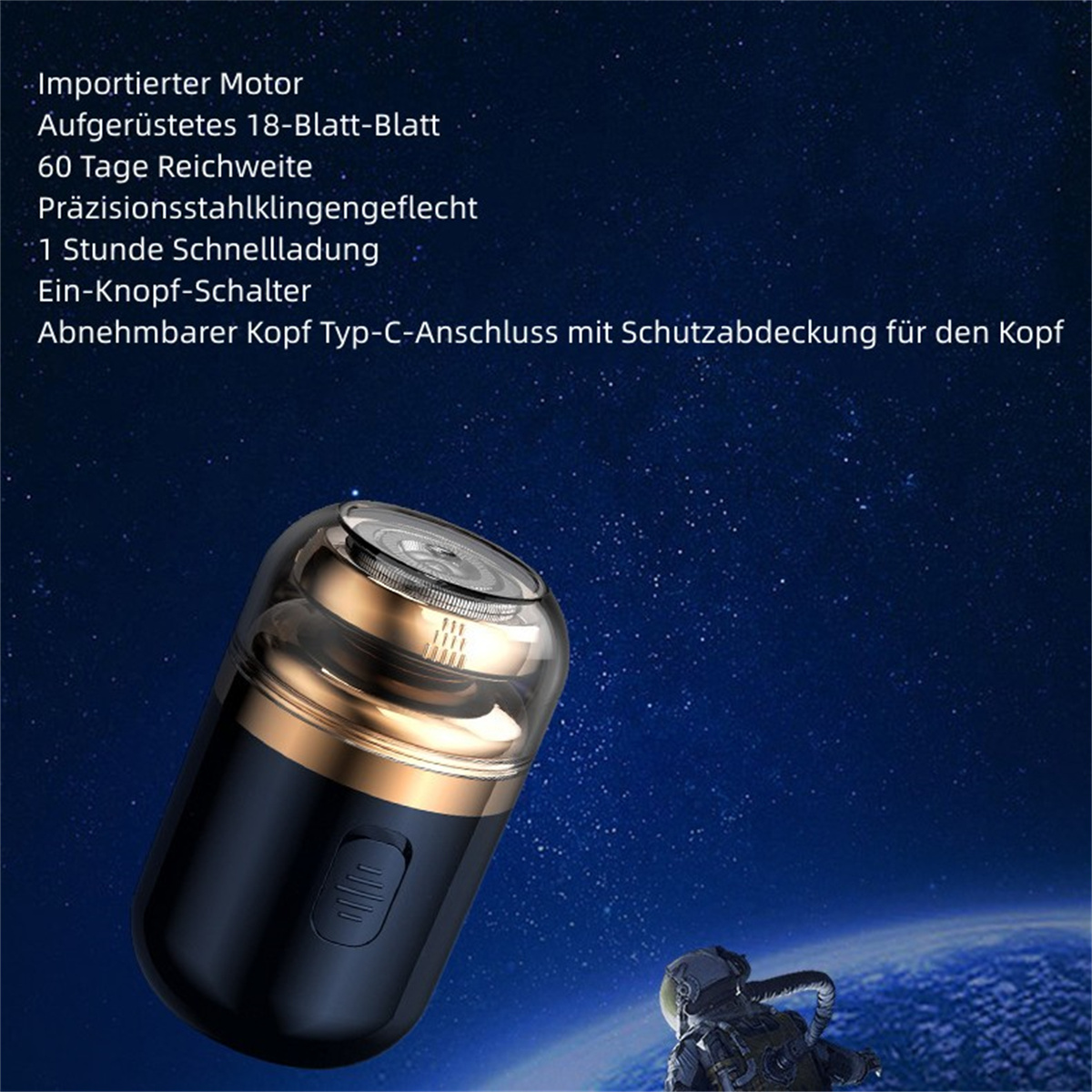 Ein kleiner, schwarz-goldener Rasierer mit Text. Der Hintergrund ist ein Nachthimmel mit einem Astronauten.