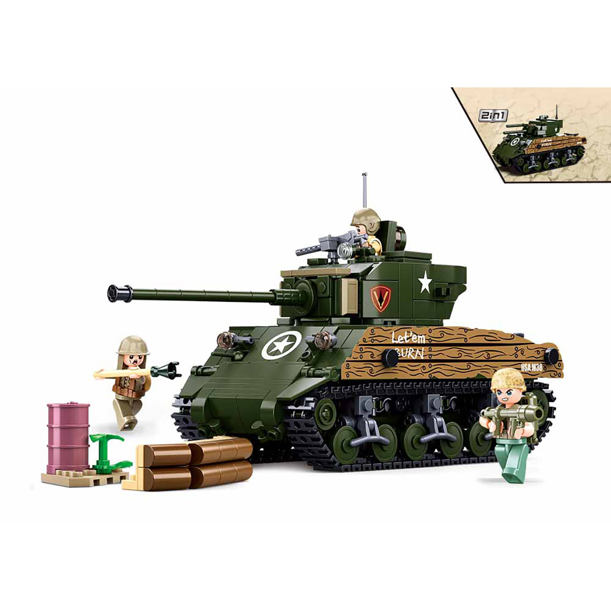 SLUBAN Mittelschwerer Panzer M4A3 (2-in1 (715 Klemmbausteine Bausatz) Teile)