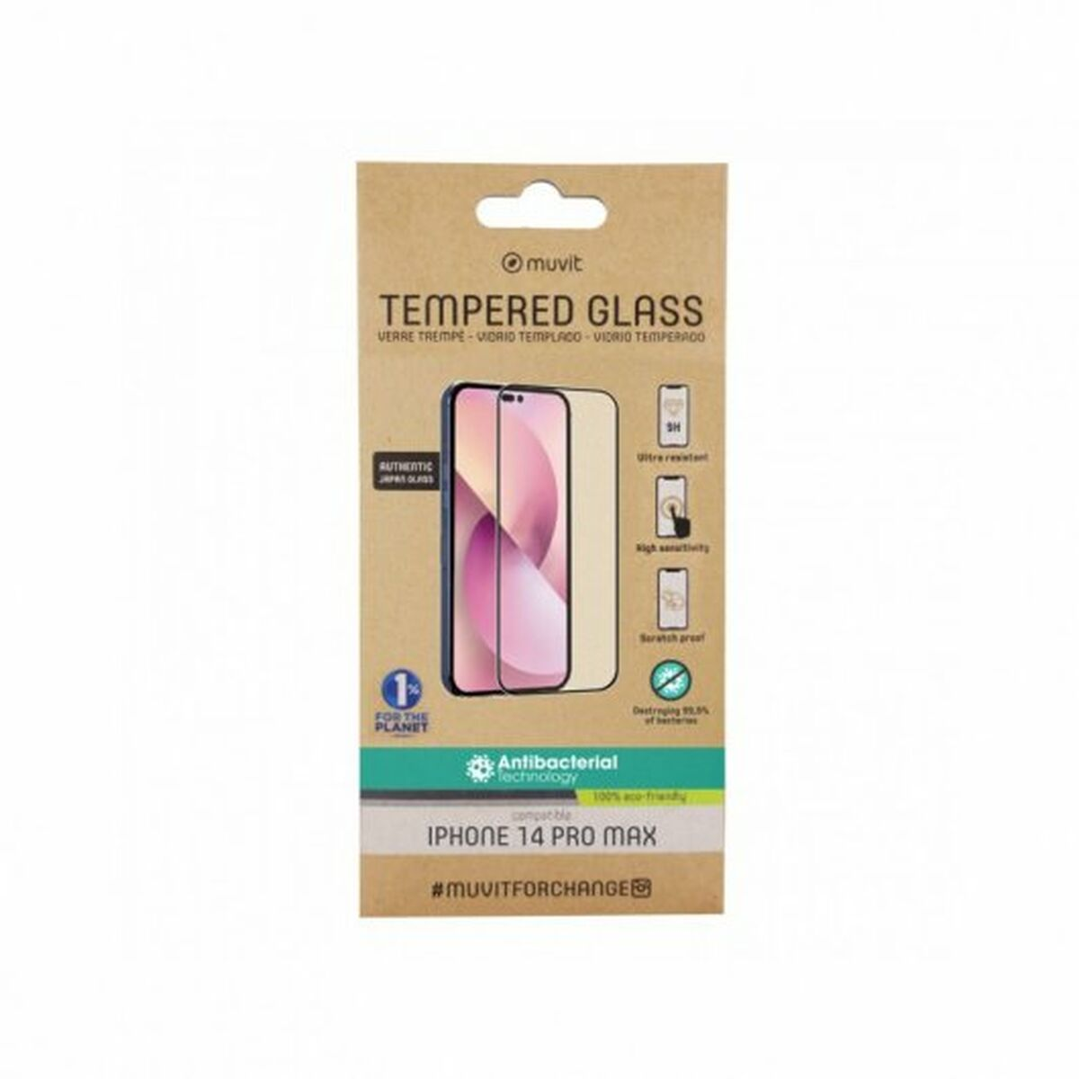 Embalaje de protector de pantalla de vidrio templado. Contiene un teléfono y detalles.