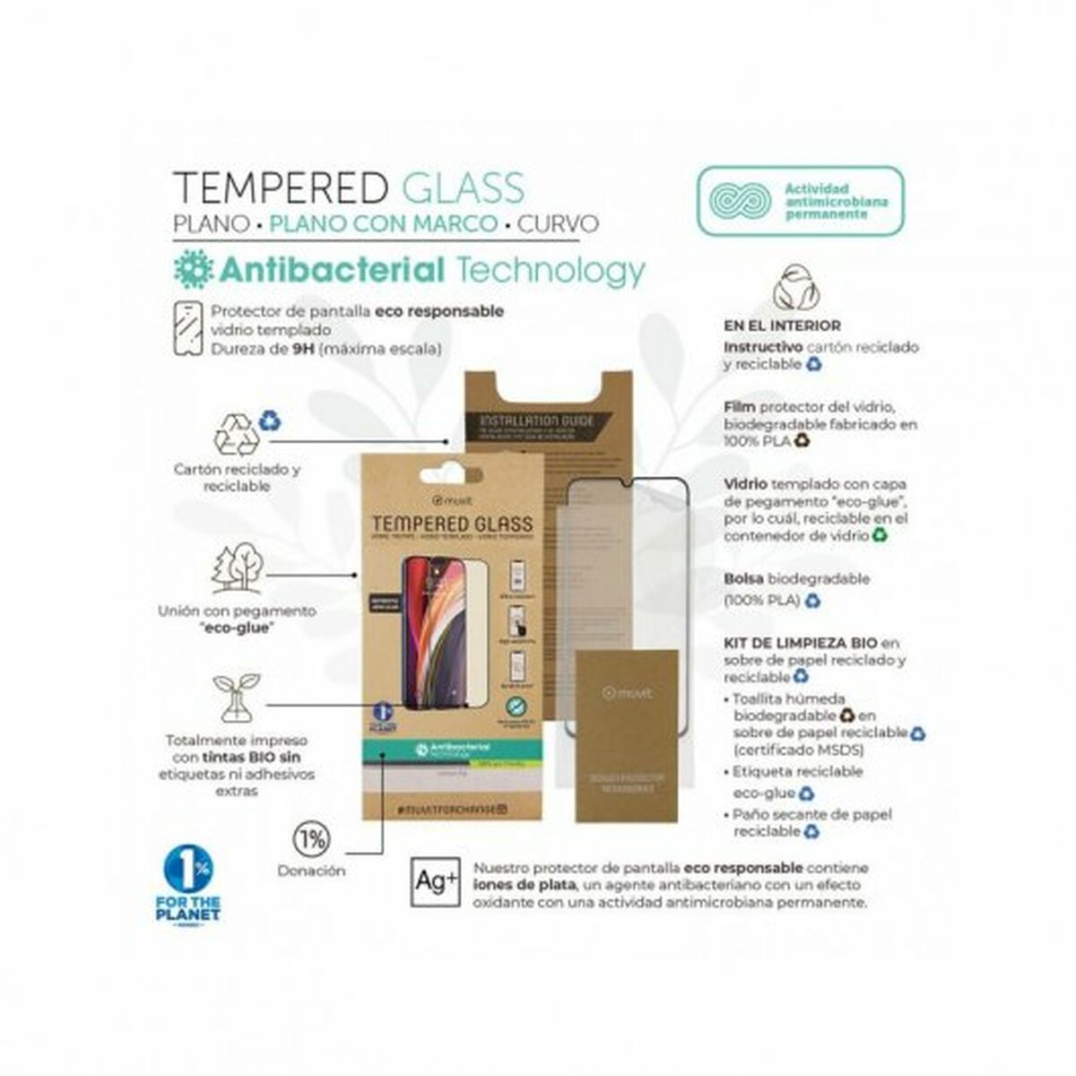 Una caja con detalles sobre protectores de pantalla: vidrio templado, tecnología antibacteriana, eco-pegamento y un kit de limpieza.