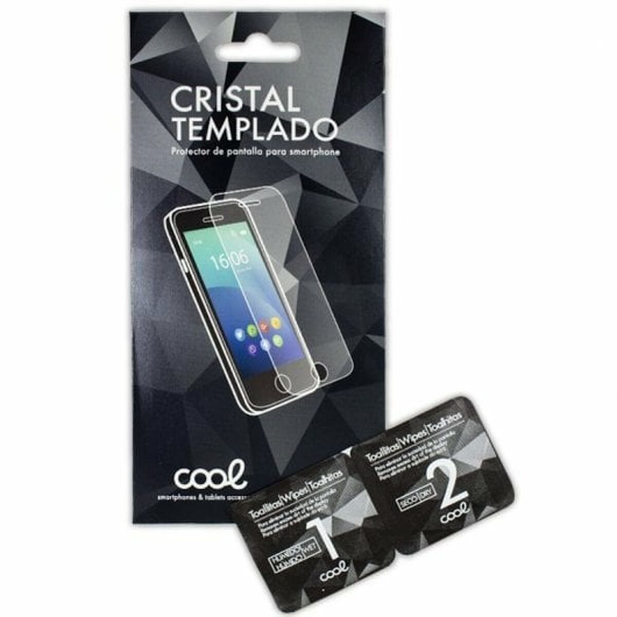 Un paquete de protector de pantalla y toallitas limpiadoras, que muestra la pantalla de un teléfono con una hora.