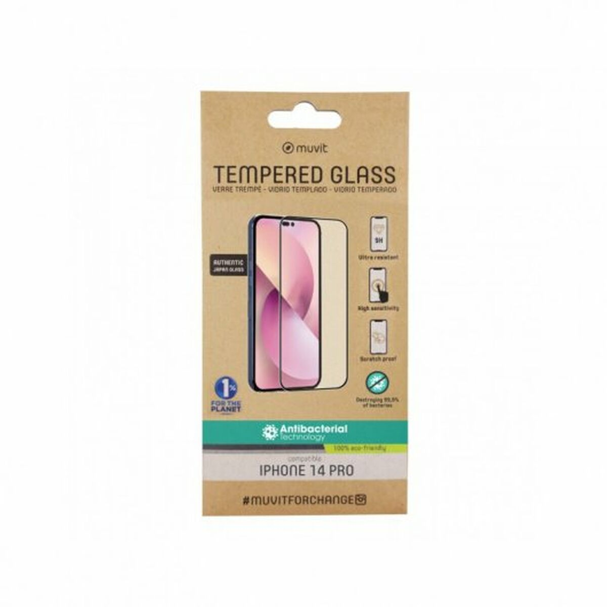 Protector de pantalla de vidrio templado para un iPhone 14 Pro, en embalaje.