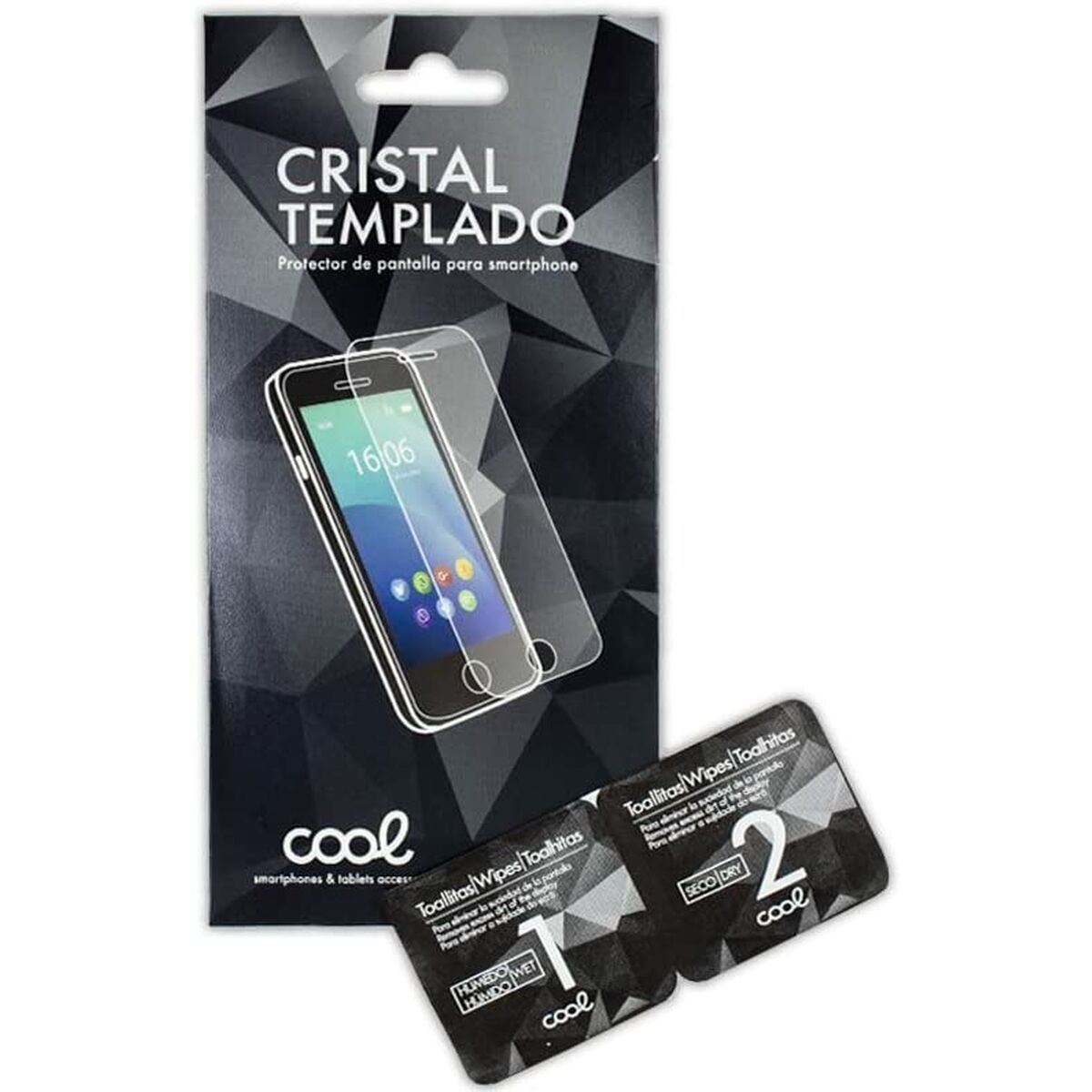 Empaque de protector de pantalla para smartphone con teléfono y toallitas limpiadoras.