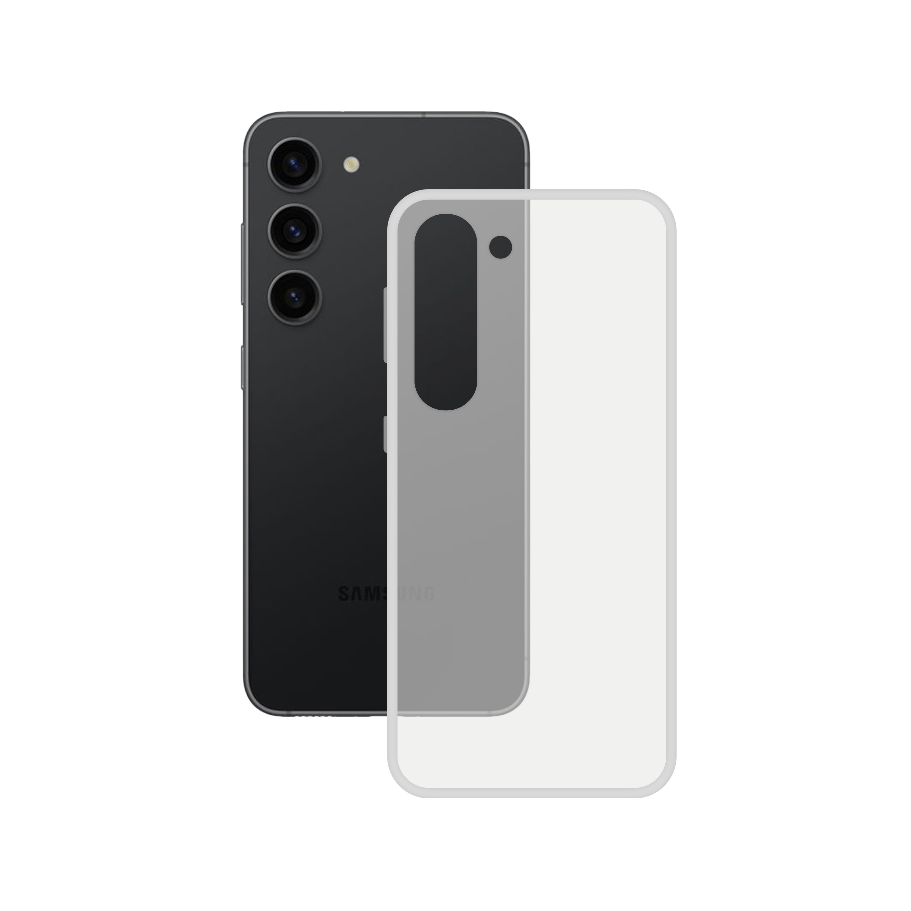 Telefono Samsung nero con custodia trasparente. Il telefono ha più fotocamere. Sfondo bianco.