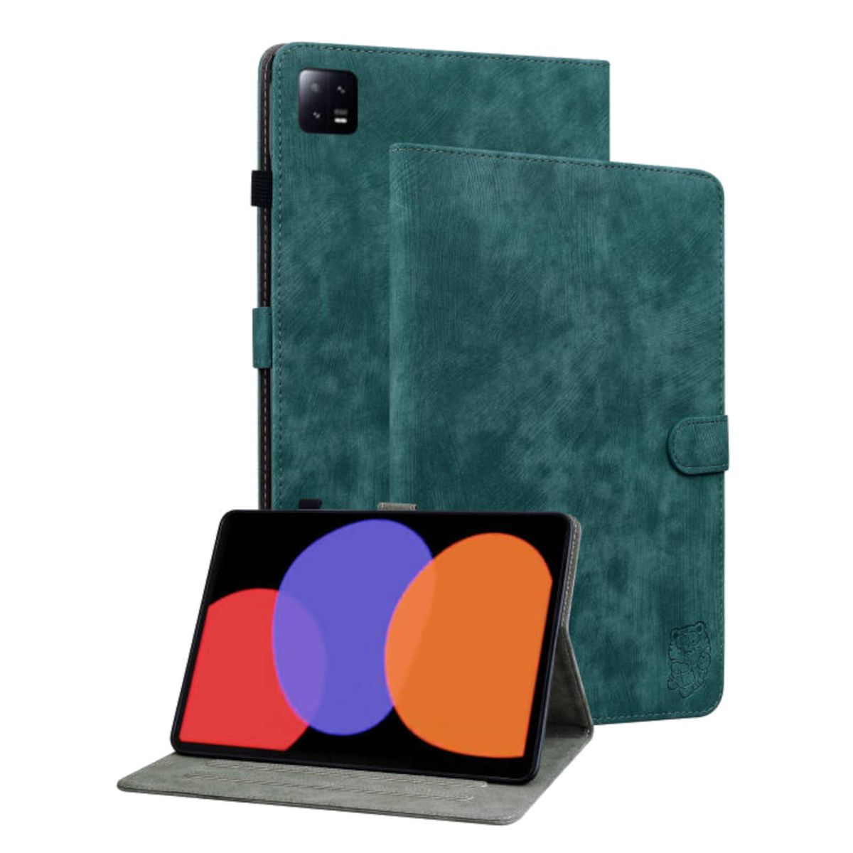 Ein Tablet und seine grüne Lederhülle werden gezeigt und präsentieren das Schutzdesign des Produkts.