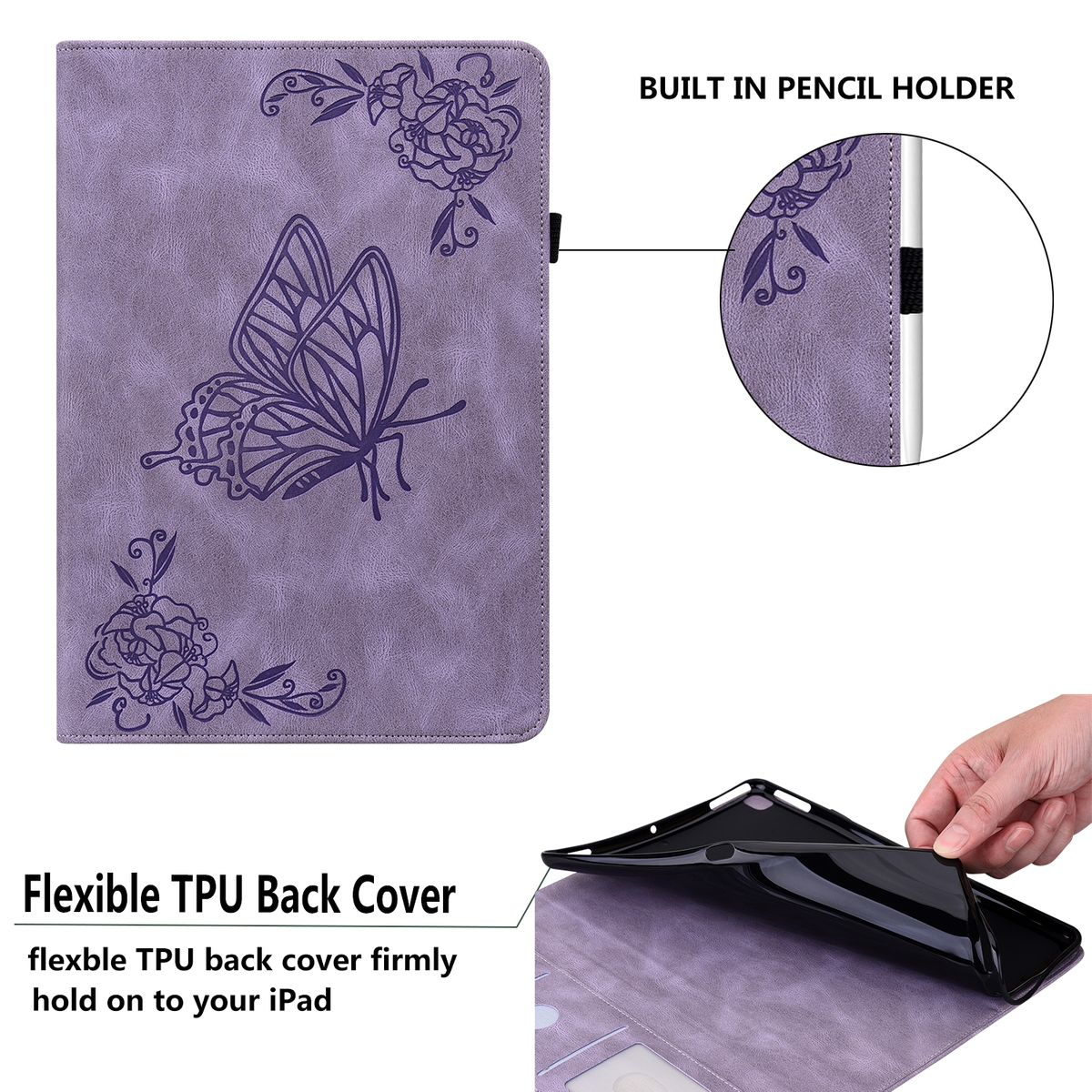 Eine lila Tablethülle mit Schmetterlingsdesign. Text sagt 'BUILT IN PENCIL HOLDER' und 'FLEXIBLE TPU'.