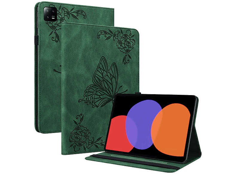 WIGENTO Aufstellbare Kunst-Leder Tasche Schmetterling Style, Full Cover, Xiaomi, Pad 6 / Pad 6 Pro 11 Zoll, Grün | Fullcover