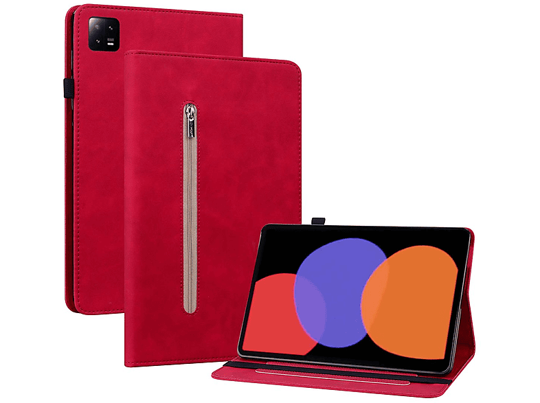 WIGENTO Aufstellbare Kunst-Leder Tasche mit Reißverschluss, Full Cover, Xiaomi, Pad 6 / Pad 6 Pro 11 Zoll, Rot