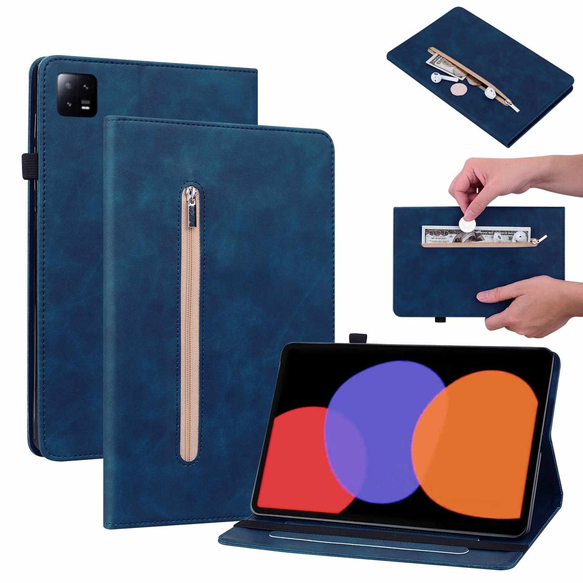 Eine blaue Tablethülle mit Reißverschluss und einem Tablet darin. Daneben Zubehör.