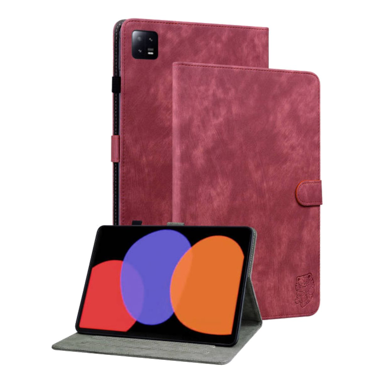 Eine rote Tablet-Hülle mit einem Tablet darin und eines aufgestellt, auf weißem Hintergrund.