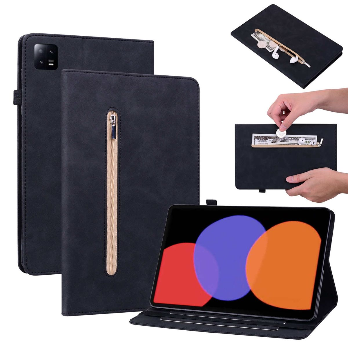 Tablettasche mit Tablet im Inneren. Die Tasche ist schwarz mit Reißverschluss und hat eine Tasche.