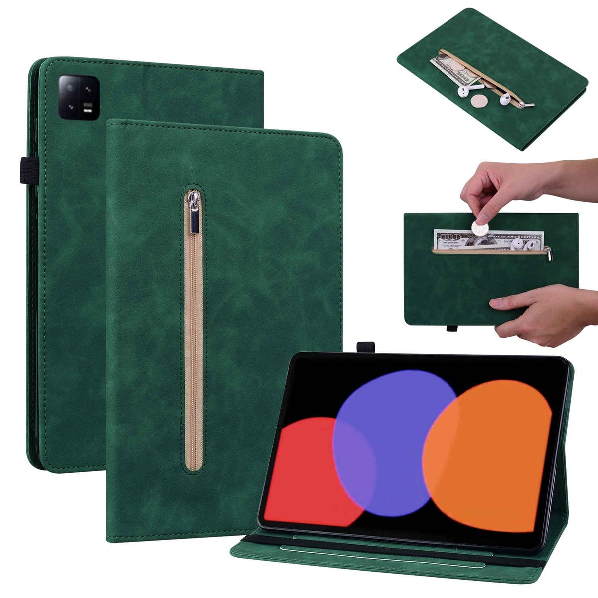 Grüne Tablethülle mit Reißverschluss und Tablet. Andere zeigen Geld und Golfzubehör.