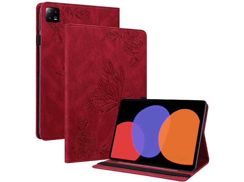 WIGENTO Aufstellbare Kunst-Leder Tasche Schmetterling Style, Full Cover, Xiaomi, Pad 6 / Pad 6 Pro 11 Zoll, Rot