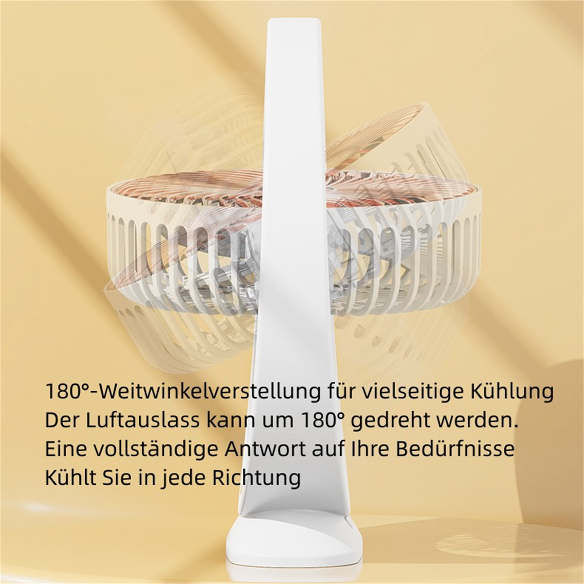 Weißer Ventilator mit transparenten Flügeln, Text auf Deutsch.