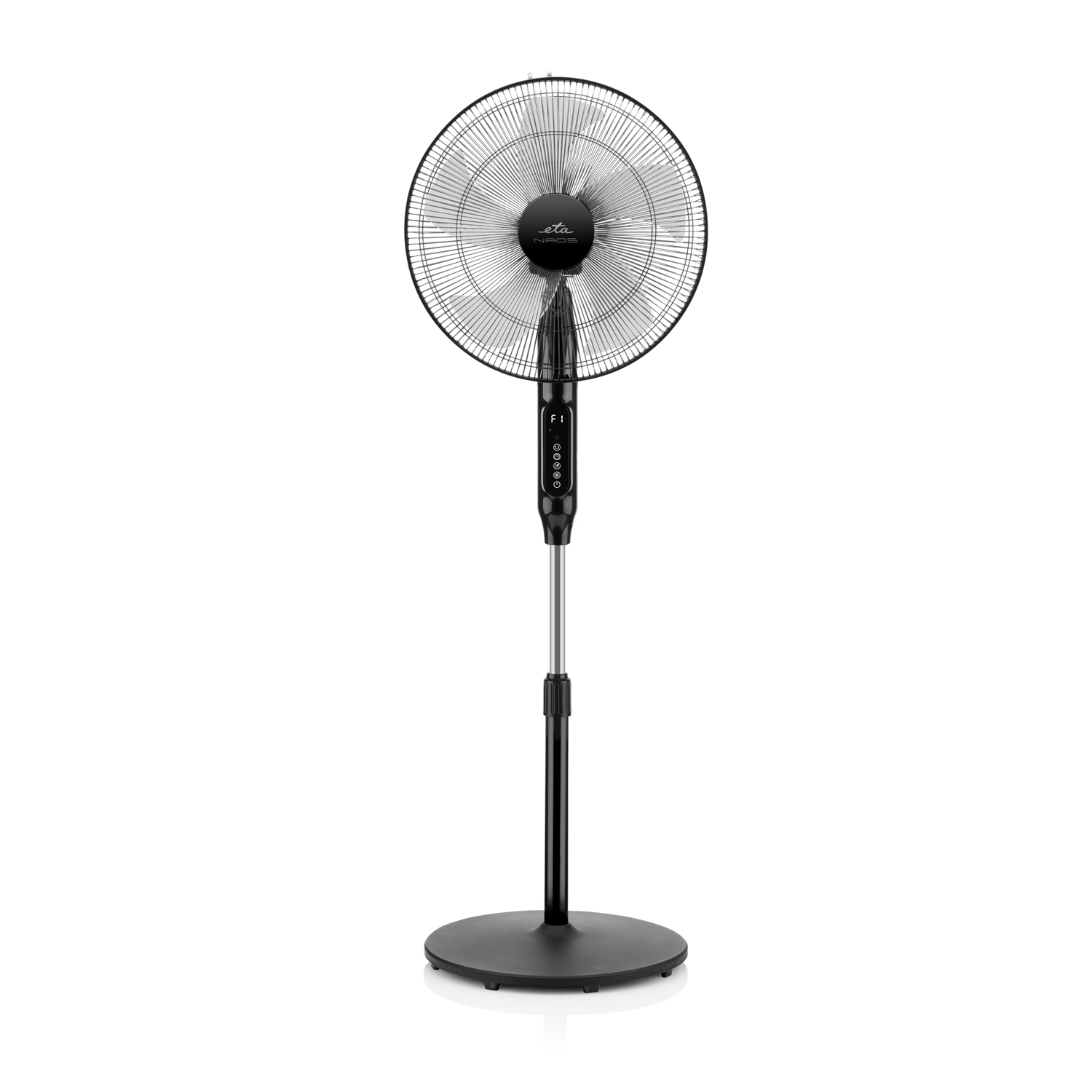 Schwarzer Standventilator. Kreisförmiger Grill mit Flügeln und Digitalanzeige am Ständer.