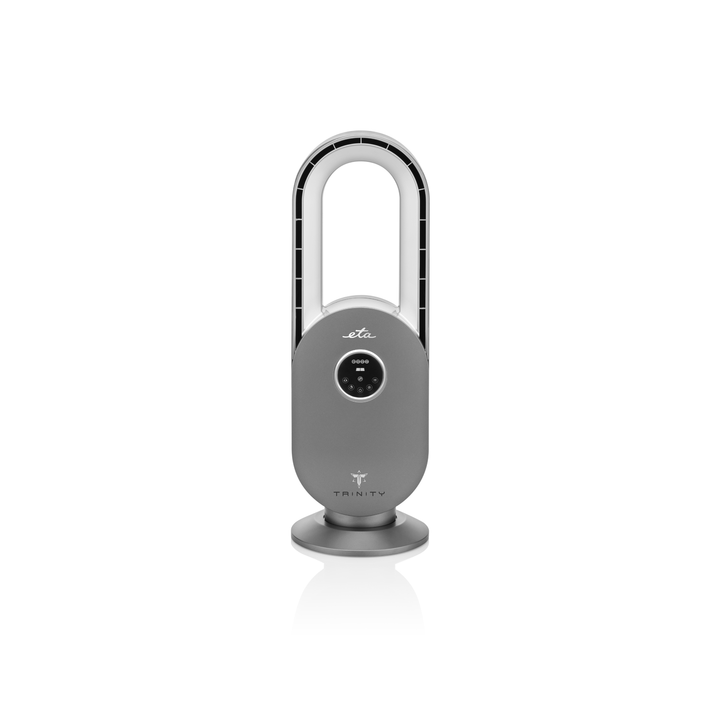 Ein grau-weißer Turmventilator mit abgerundeter Oberseite. Weißer Hintergrund.