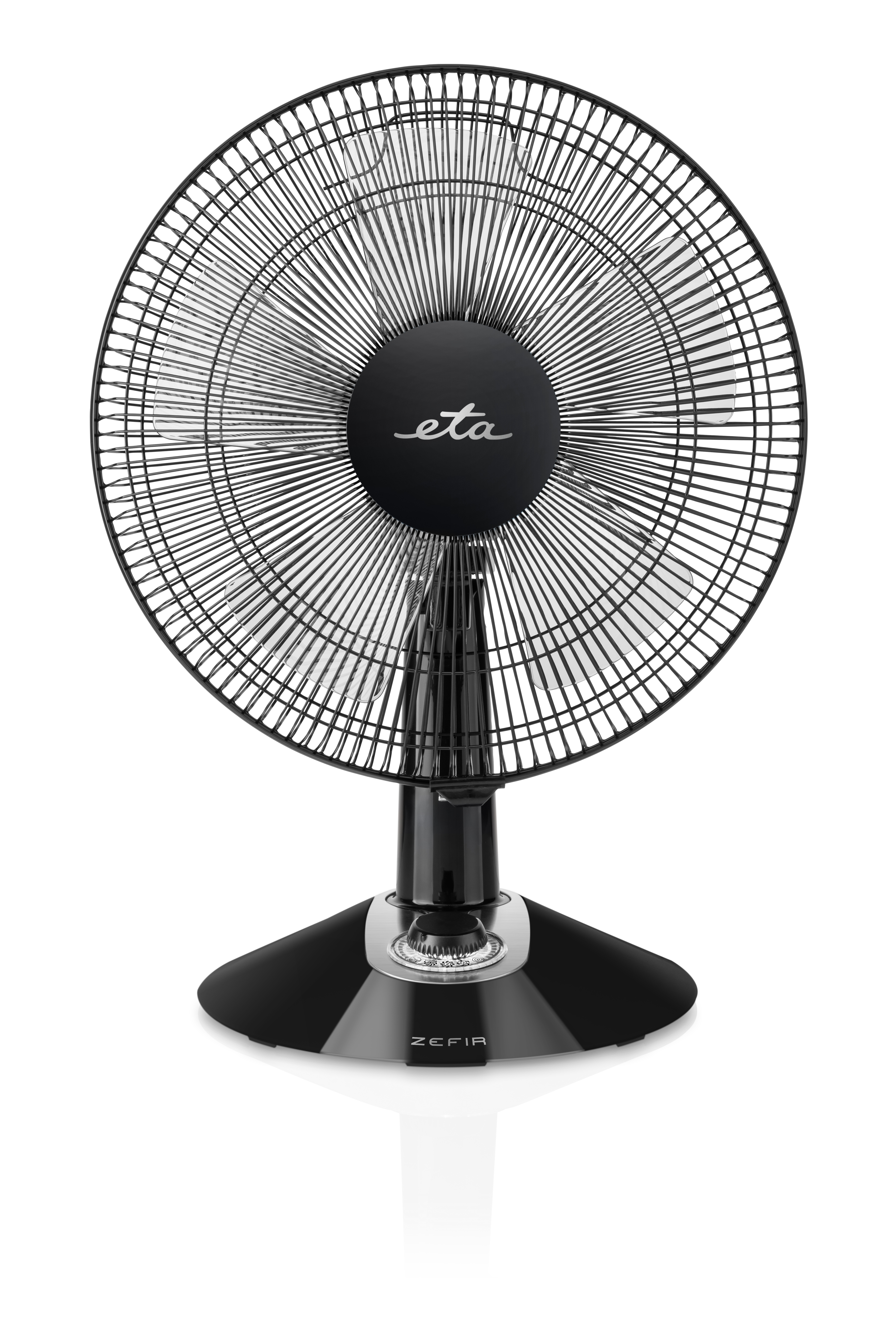 Schwarzer Standventilator mit rundem, rotierendem Gitter und schwarzem Sockel.