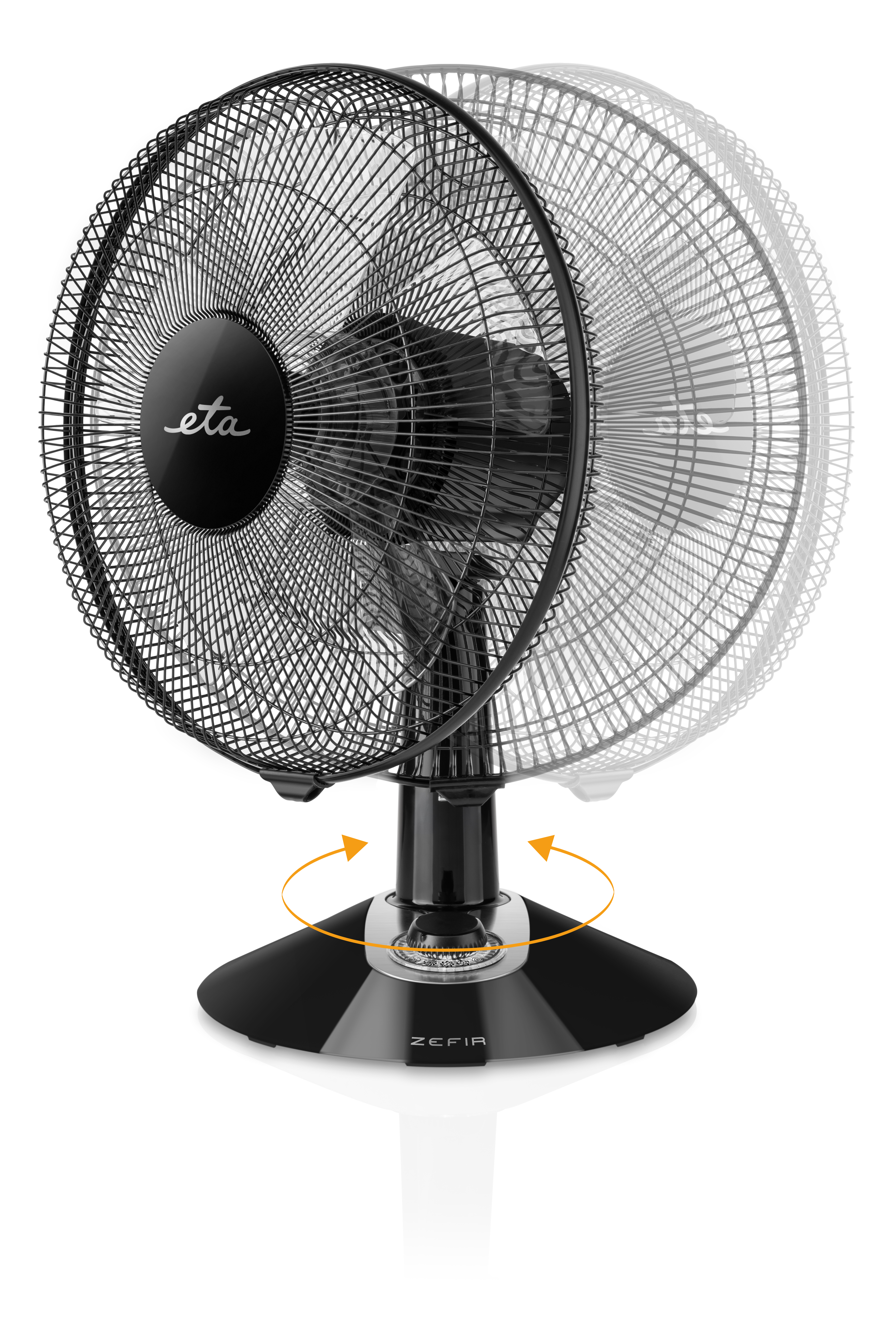Schwarzer Tischventilator mit rotierenden Flügeln. Der Ventilator steht auf einem schwarzen Sockel.