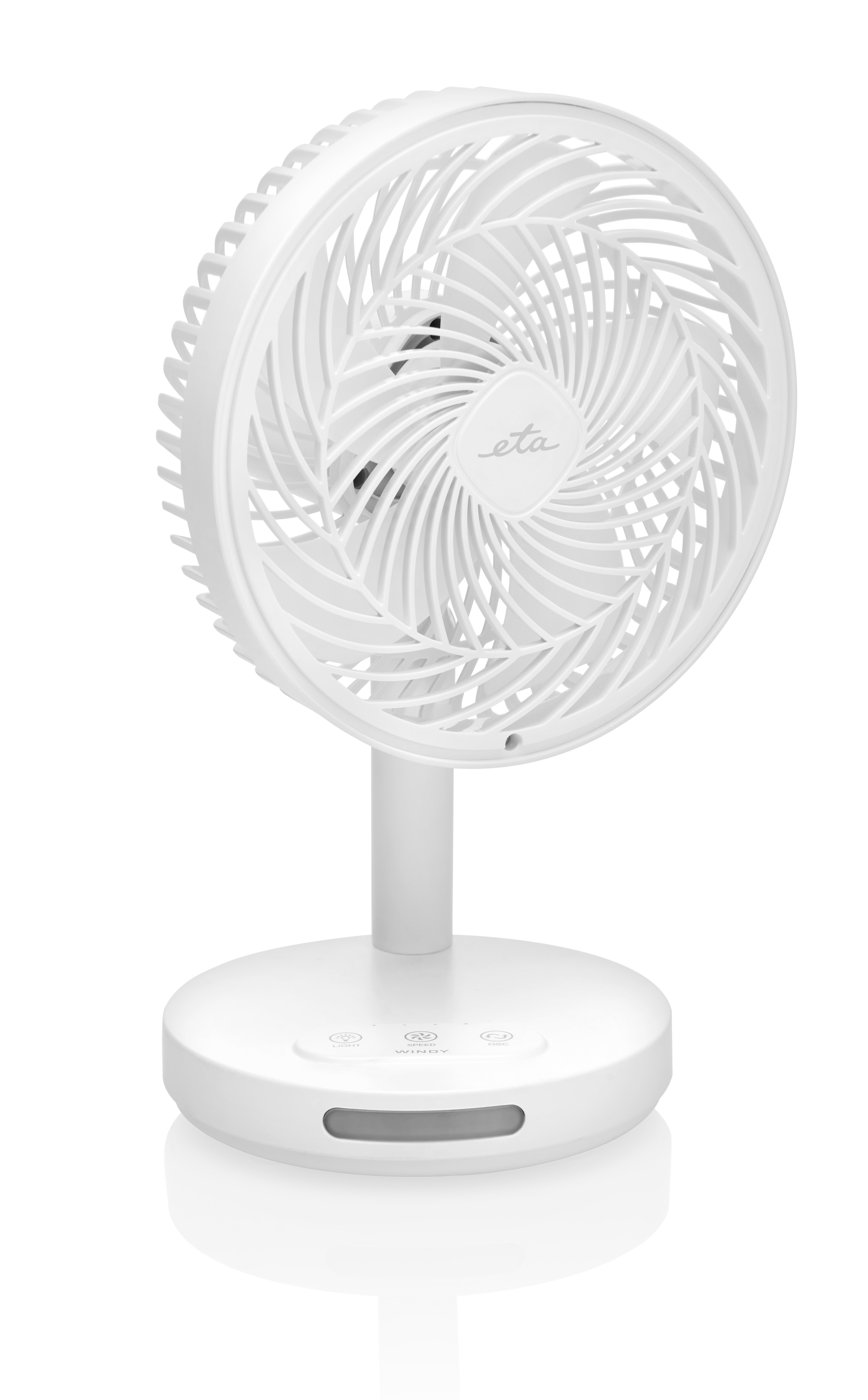 Weißer elektrischer Ventilator mit rundem Sockel und Ventilatorkopf, zur Kühlung und Belüftung.