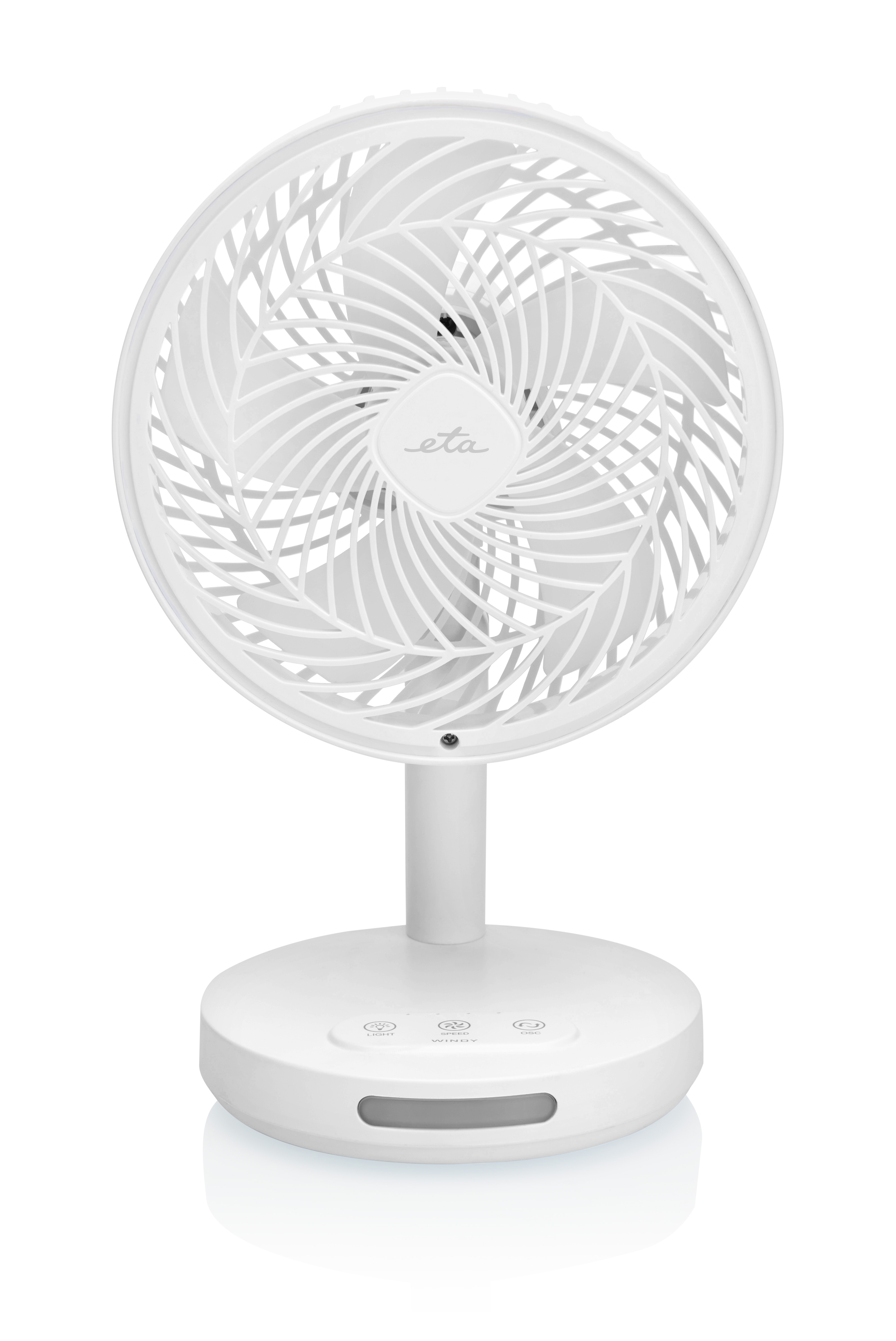 Weißer Schreibtischventilator auf einem Ständer. Er hat eine runde Basis, Knöpfe und einen rotierenden Ventilatorkopf.