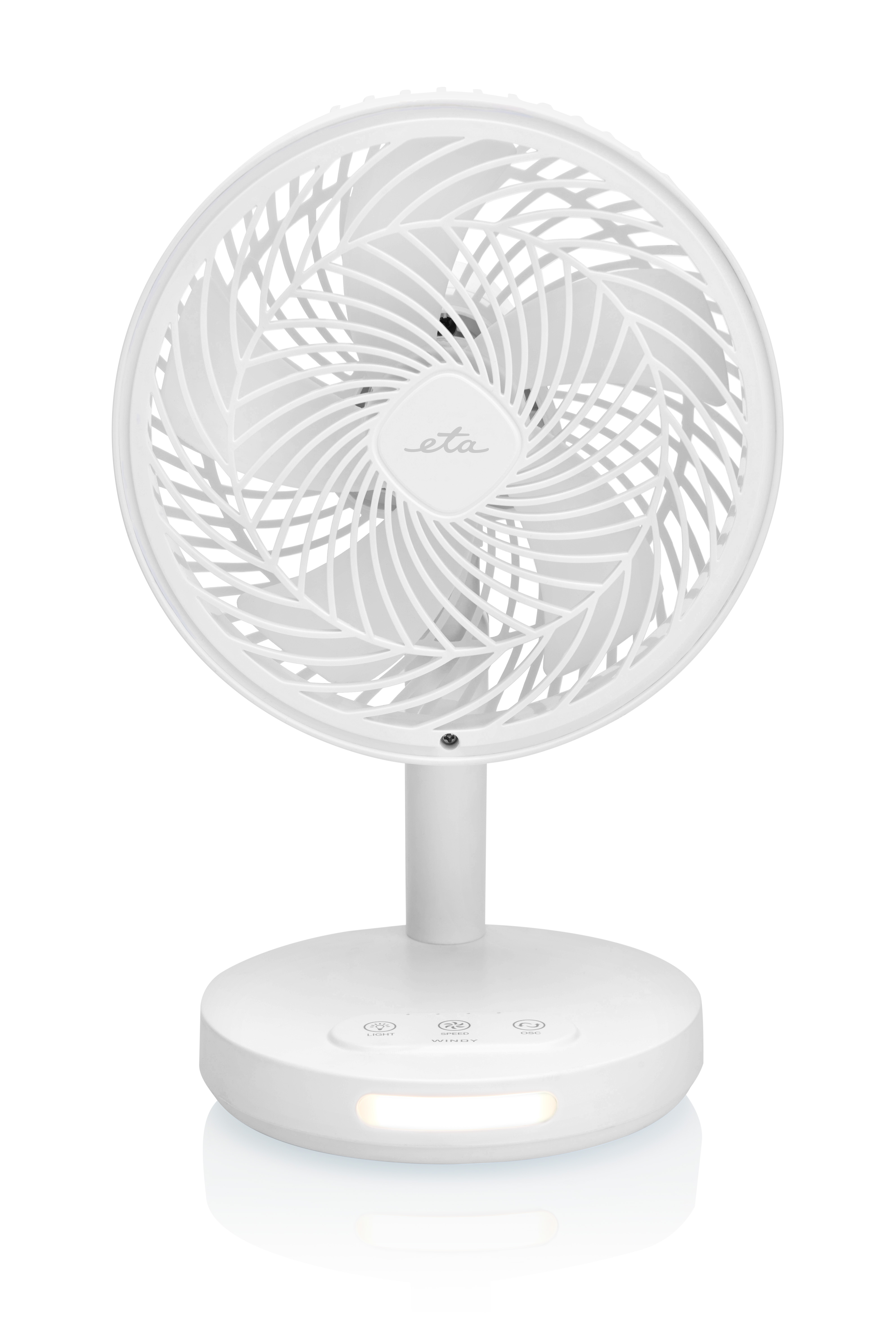 Ein weißer Tischventilator mit rundem Sockel und weißem Gitter. Er steht vor weißem Hintergrund.