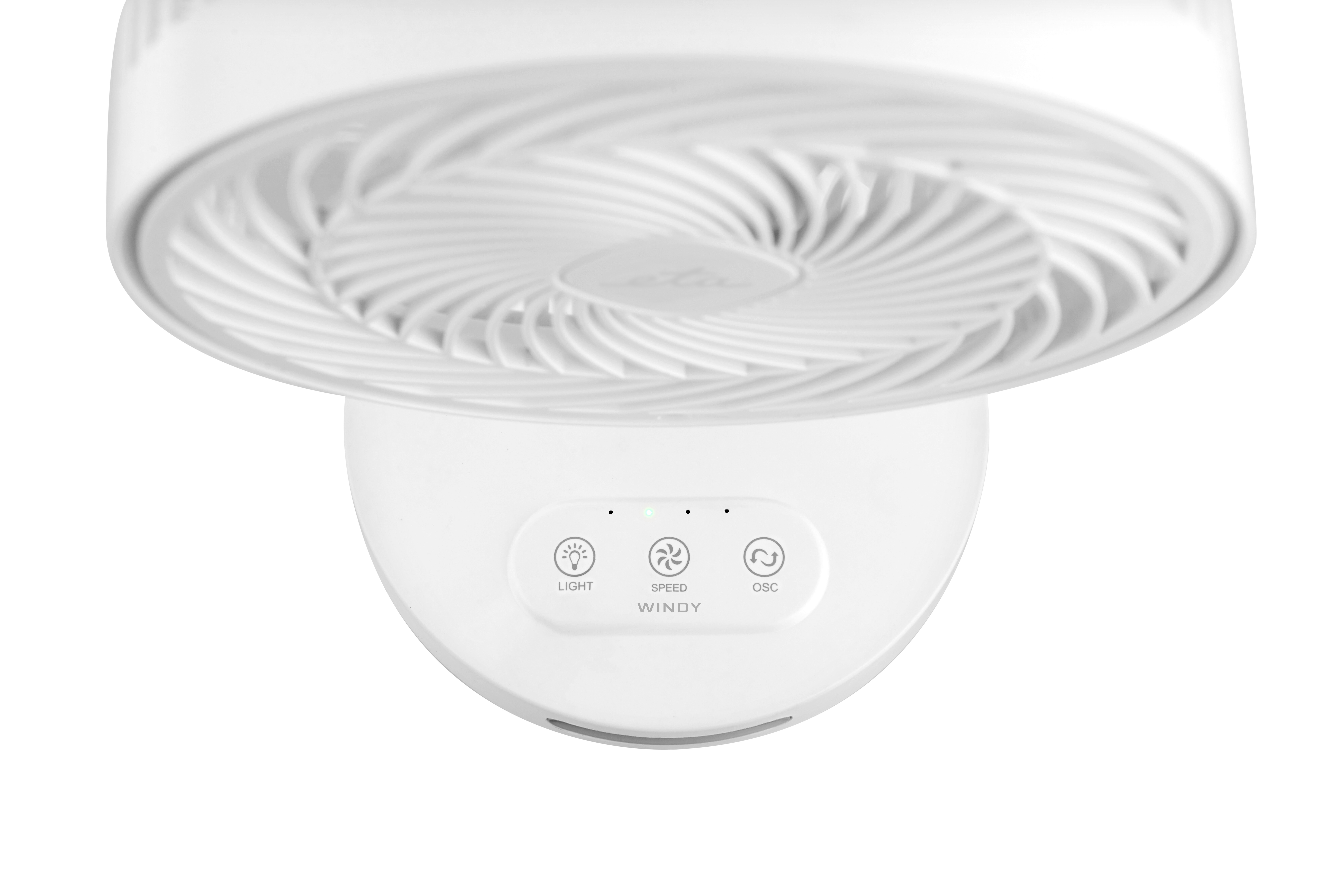 Weißer Deckenventilator mit Bedientasten für Licht, Geschwindigkeit und Oszillation.