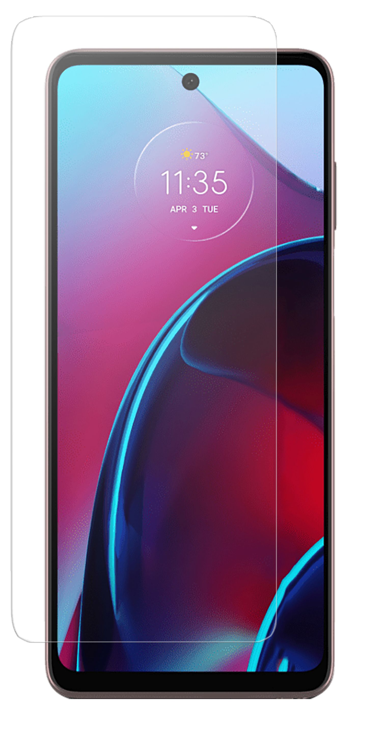 Smartphone mit angebrachtem Displayschutz, Uhr und abstraktem Hintergrund.