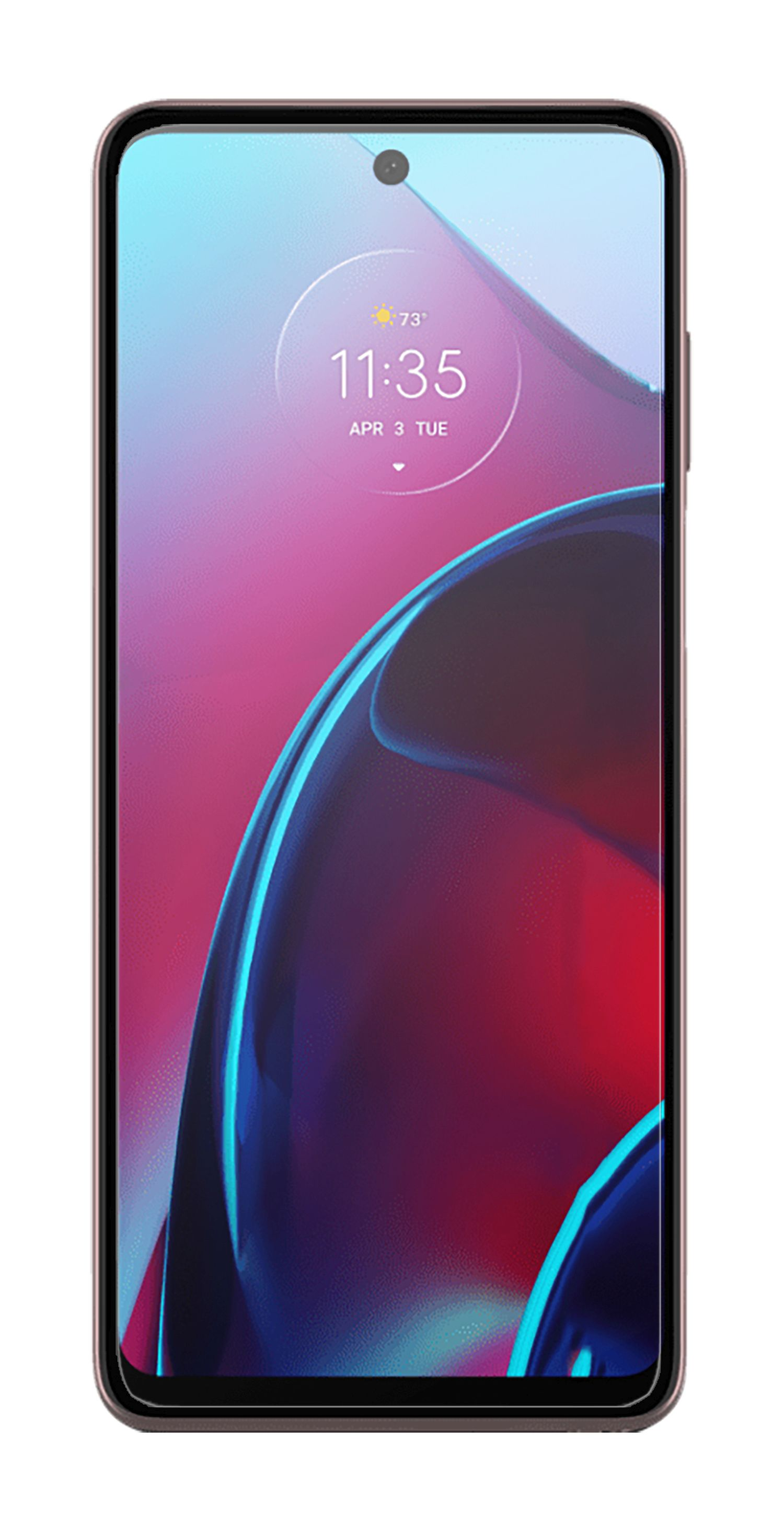 Ein Smartphone mit rosafarbenem Rücken, das die Uhrzeit und einen blau-roten Hintergrund anzeigt.