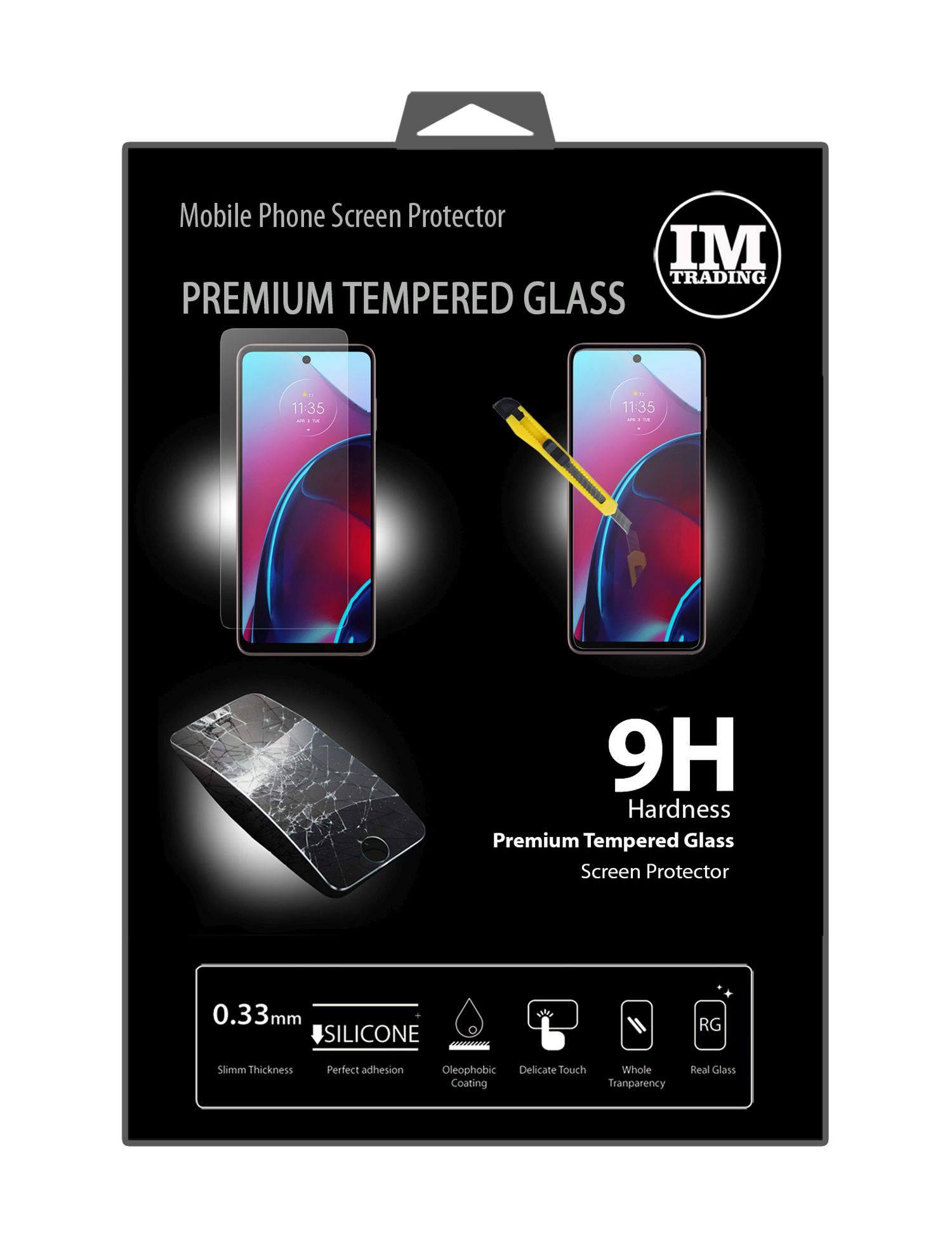 Verpackung für einen Displayschutz für Mobiltelefone, mit Bildern des Produkts und seiner Funktionen.