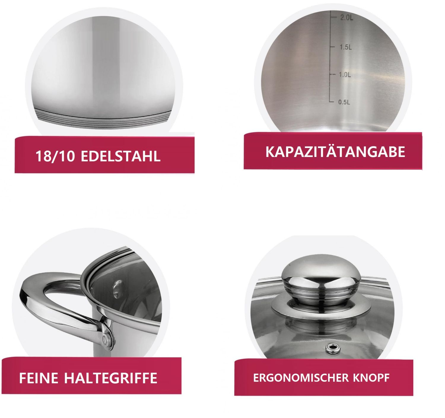 Edelstahltopf mit Kapazitätsmarkierungen, Griff und Deckel. Text: 18/10 Edelstahl und Ergonomischer Knopf.