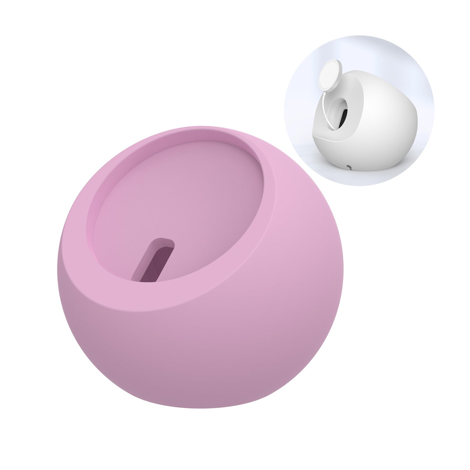 Ein rosa kugelförmiger Ständer mit Ausschnitt und ein weißes Apple Watch-Ladegerät oben.