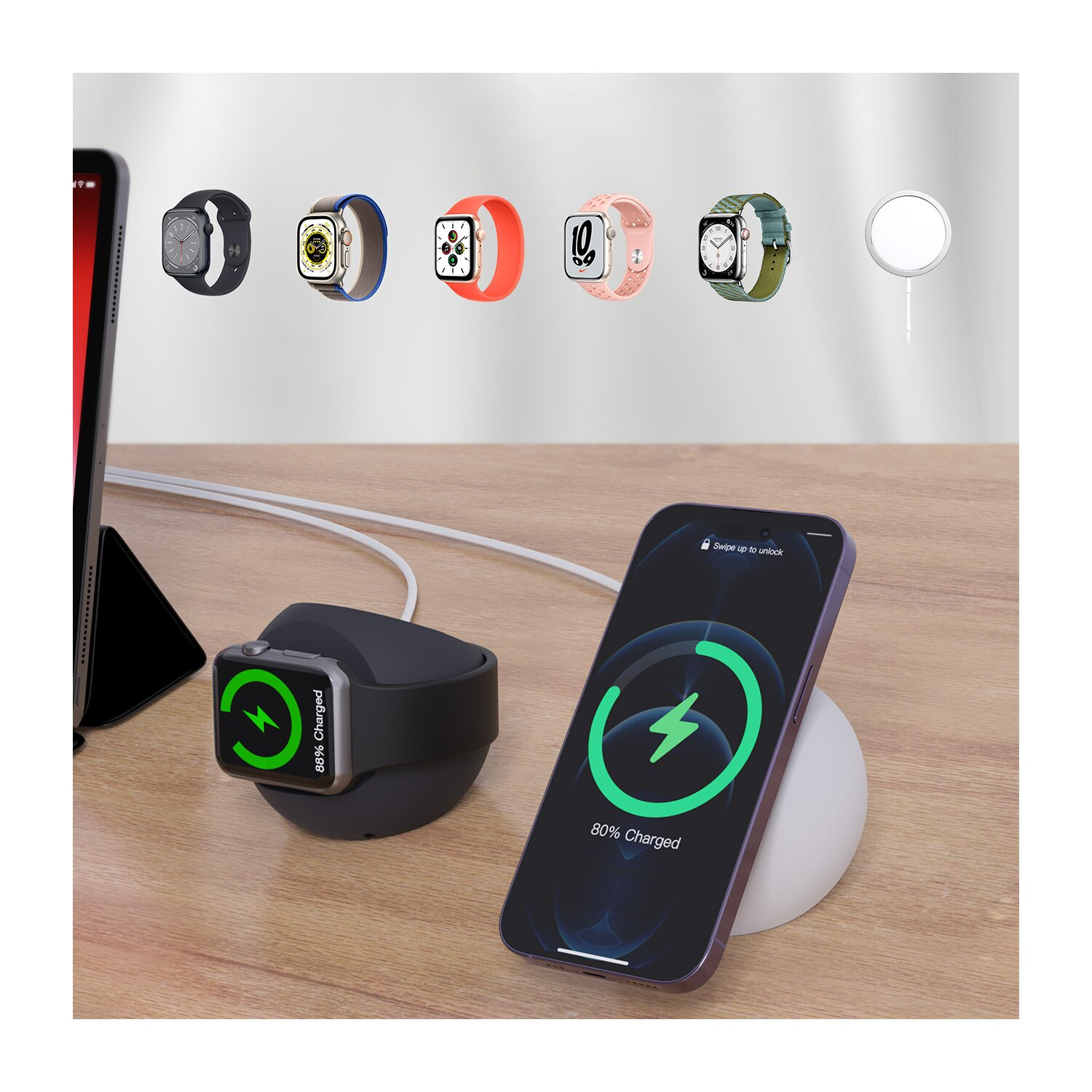 Smartwatch wird auf dem Schreibtisch aufgeladen. Ein Telefon wird ebenfalls aufgeladen. Im Hintergrund sind mehrere Smartwatches zu sehen.