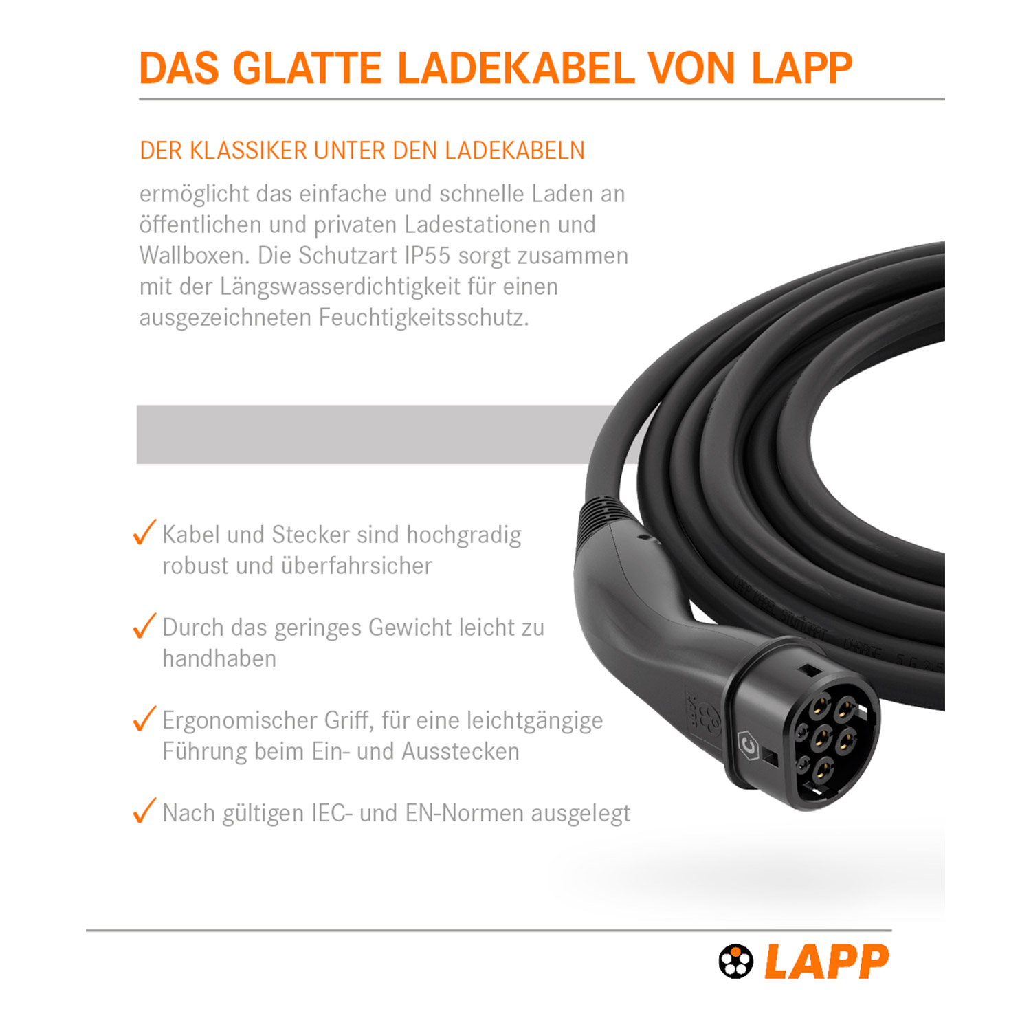 Schwarzes Ladekabel mit deutschem Text. Das Kabel liegt auf einer weißen Oberfläche, mit Text, der seine Eigenschaften beschreibt.