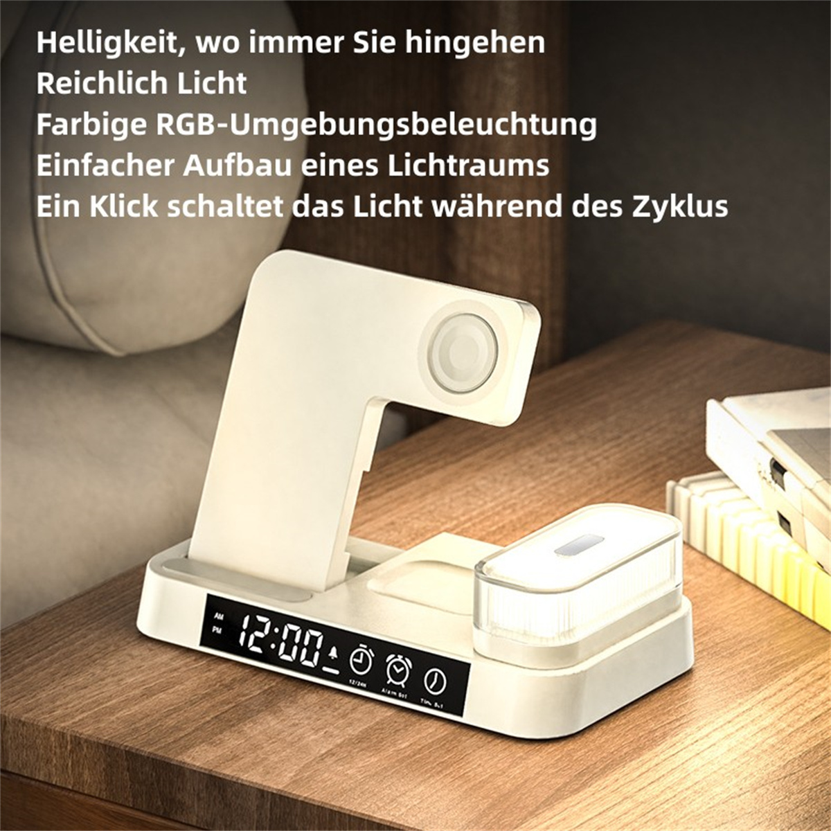 Eine weiße Ladestation mit Uhr, Display und Licht. Text auf Deutsch beschreibt seine Funktionen.