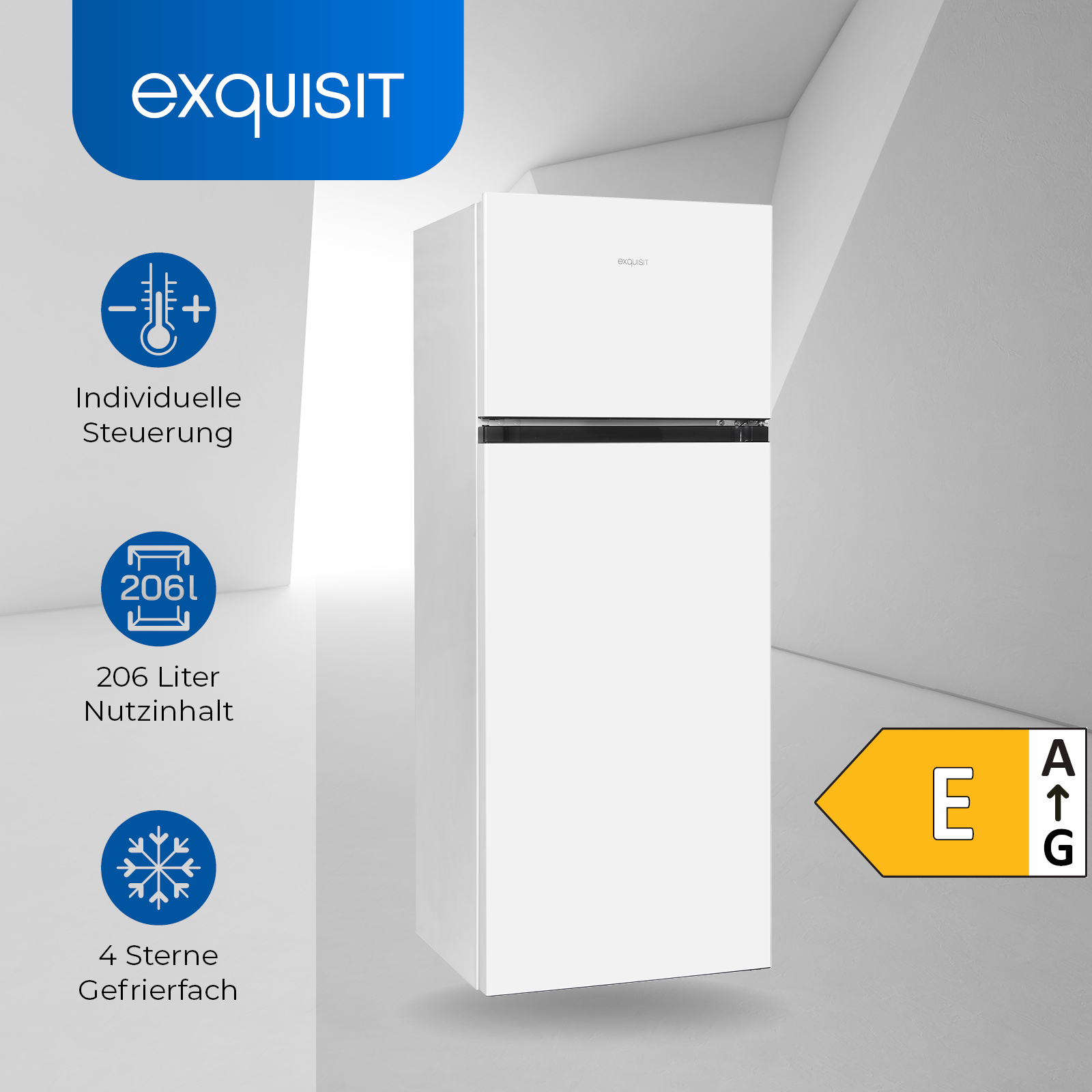 Refrigerador blanco con iconos y texto, incluida la clasificación energética 'E'. La marca 'exquisit' es visible.